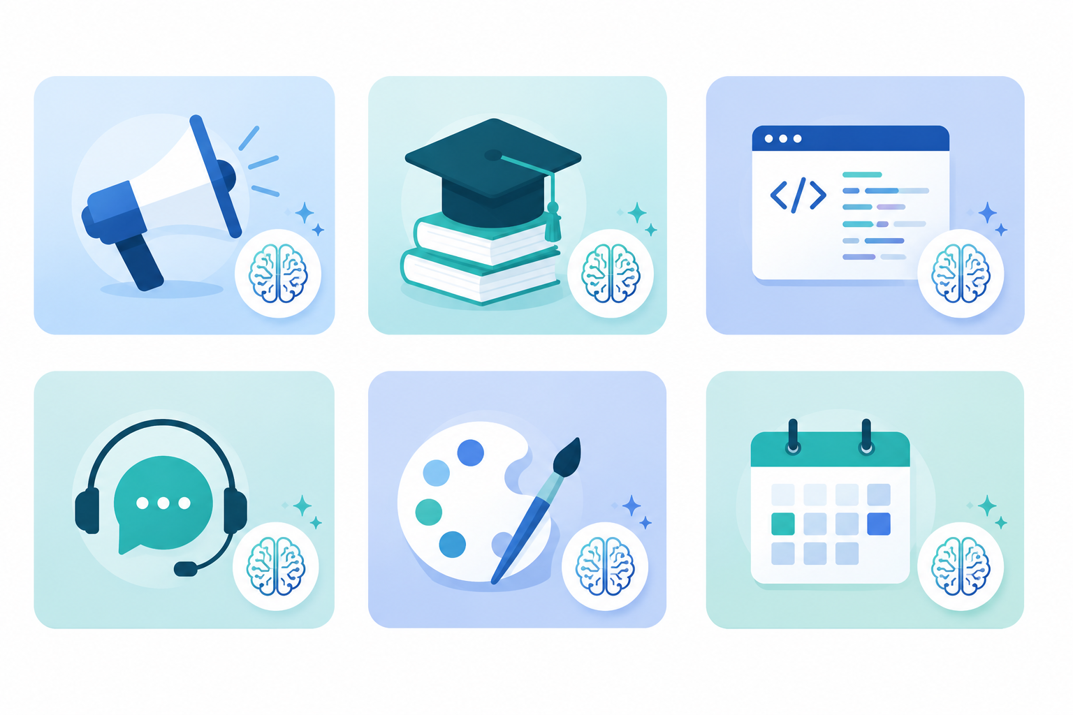 Ilustración flat design de las aplicaciones de la IA generativa en seis sectores profesionales: marketing, educación, programación, atención al cliente, diseño y productividad.