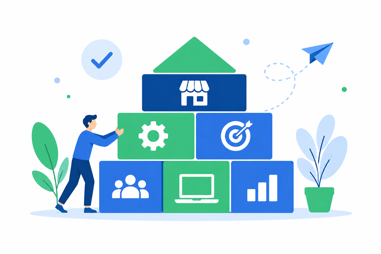 Ilustración flat design de bloques apilados que simbolizan las bases fundamentales de un negocio online antes de captar clientes.