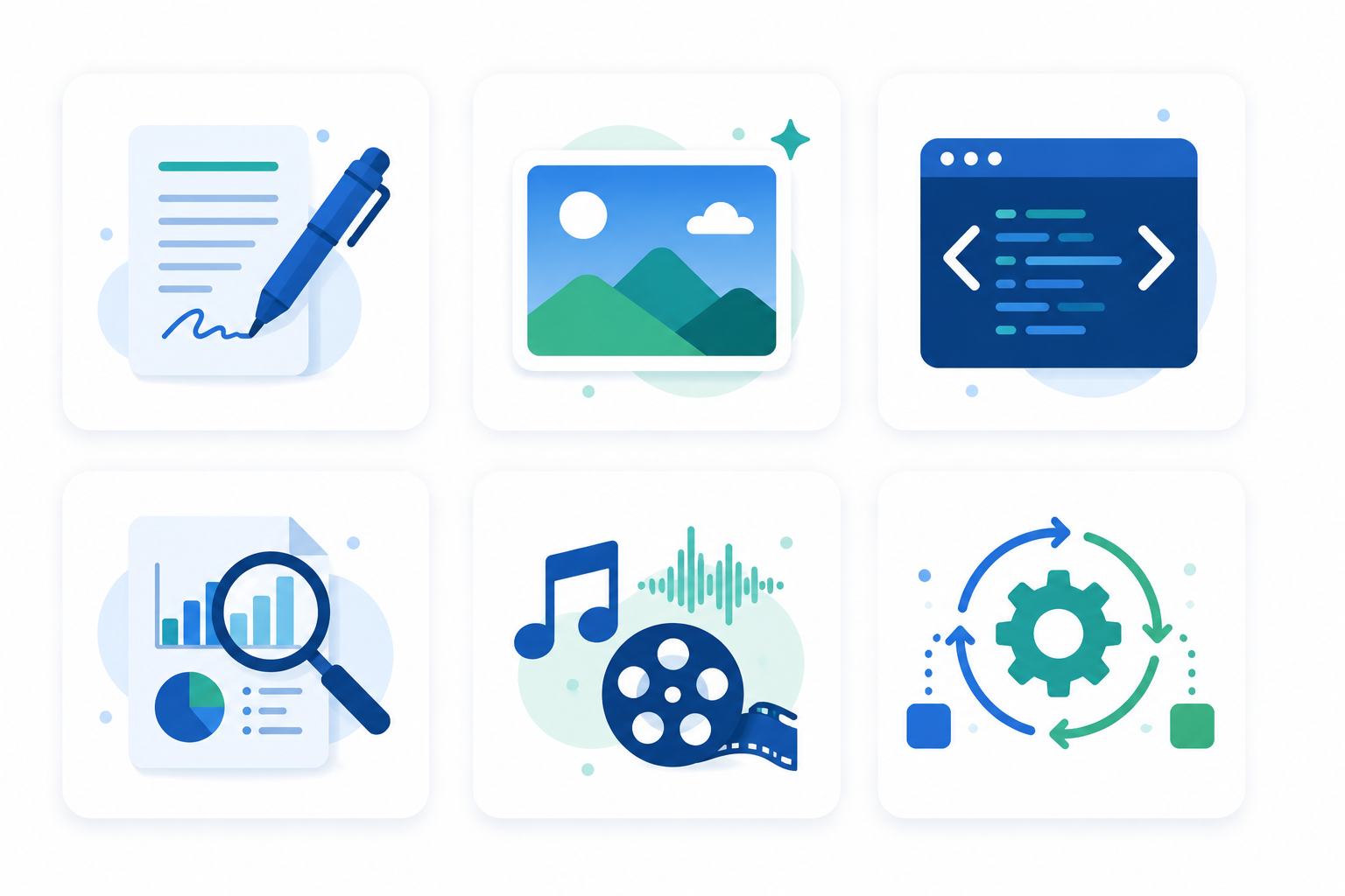 Ilustración flat design de las seis capacidades principales de la IA generativa representadas mediante tarjetas con iconos de creación de texto, imágenes, programación, análisis de datos, contenido multimedia y automatización.