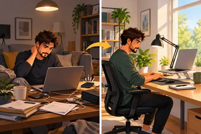 Antes y después del espacio de trabajo de un diseñador freelance, de un rincón desordenado a un escritorio ergonómico y bien iluminado