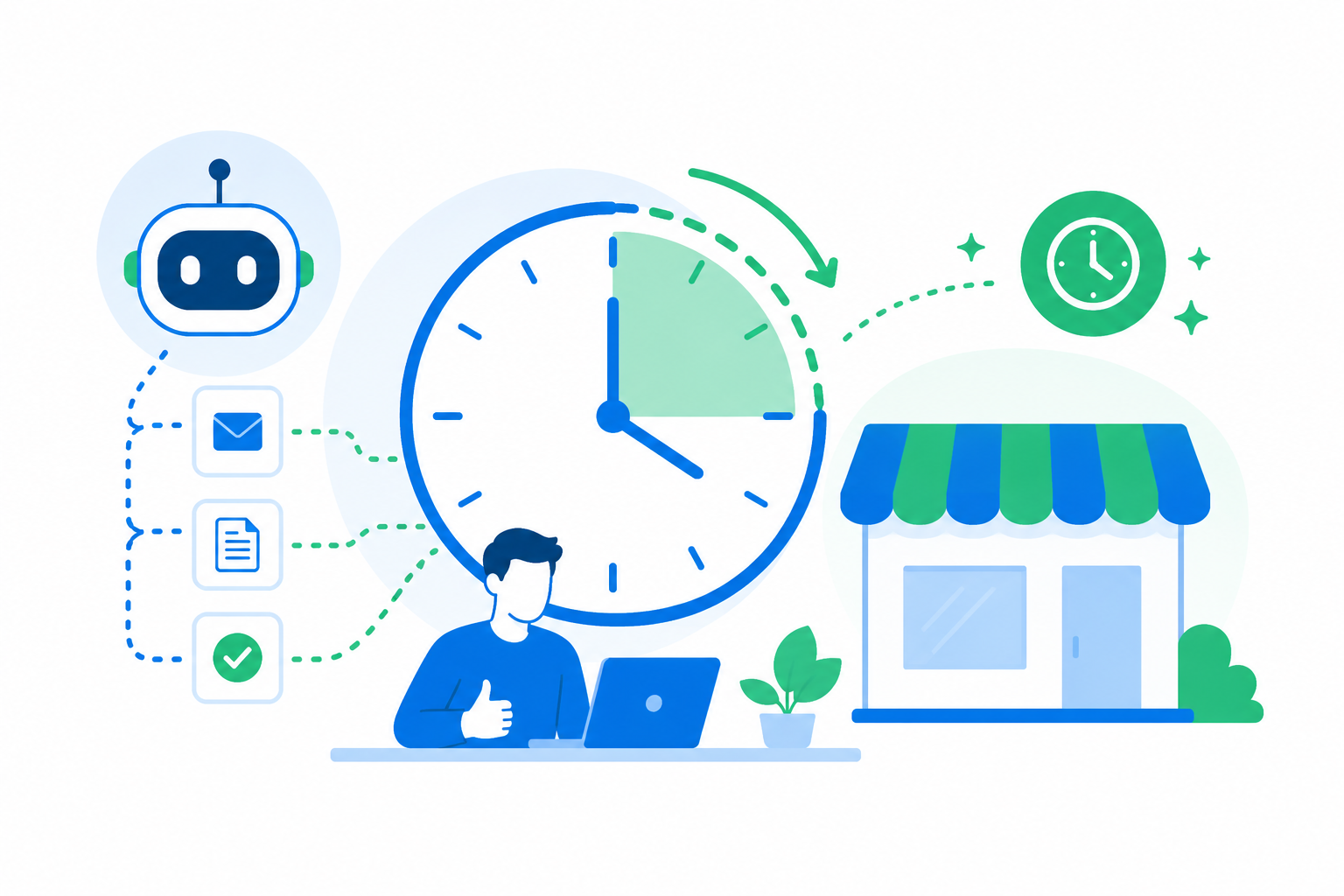 Ilustración flat design que representa el tiempo ahorrado por un pequeño negocio gracias a la automatización de tareas con inteligencia artificial.