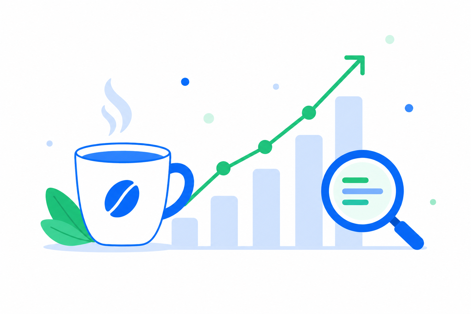 Ilustración flat design que representa el crecimiento de un blog tras aplicar un estudio de palabras clave mediante una gráfica ascendente, una lupa y una taza de café.