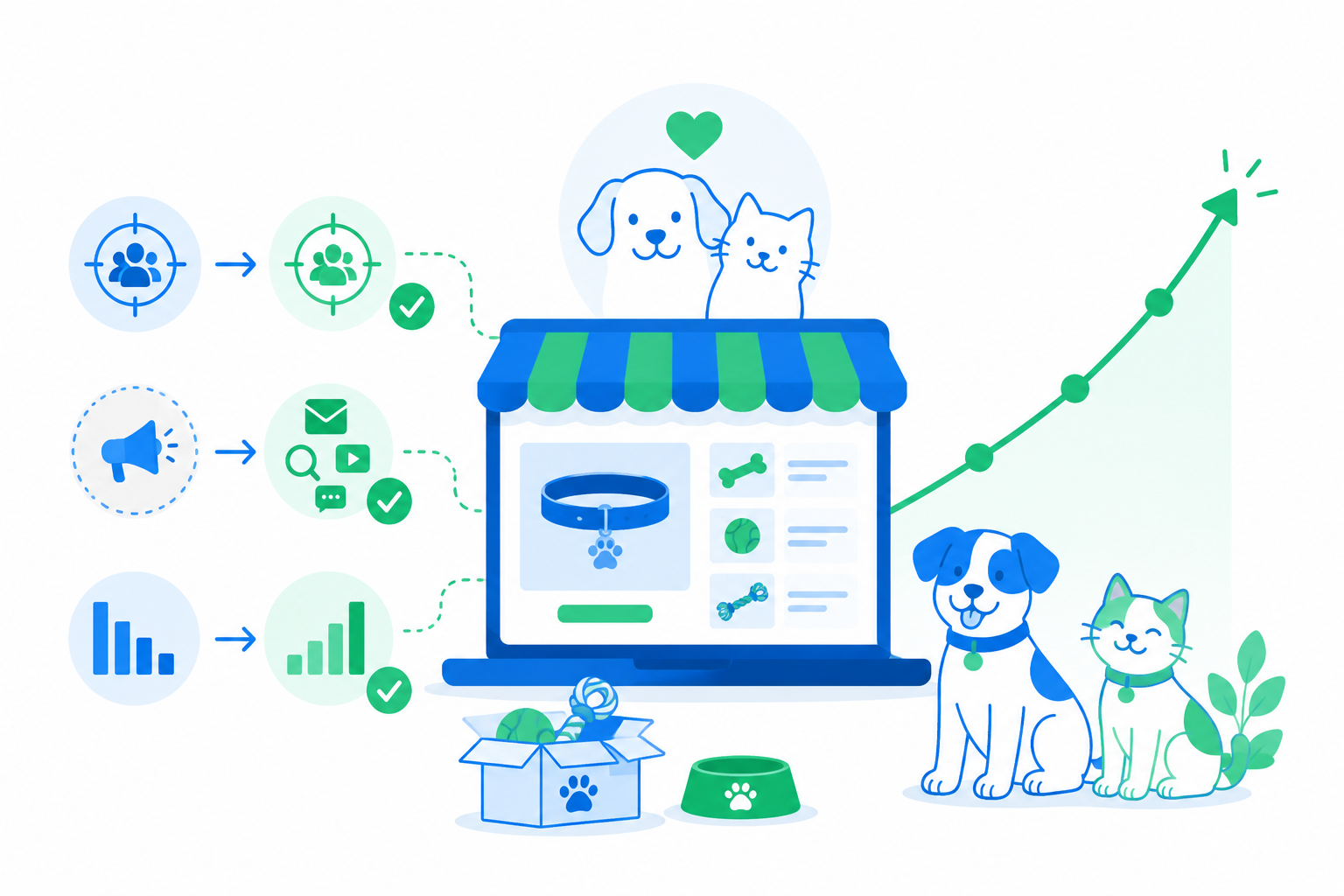 Ilustración flat design que representa un pequeño negocio online de accesorios para mascotas mejorando sus resultados tras corregir errores estratégicos.
