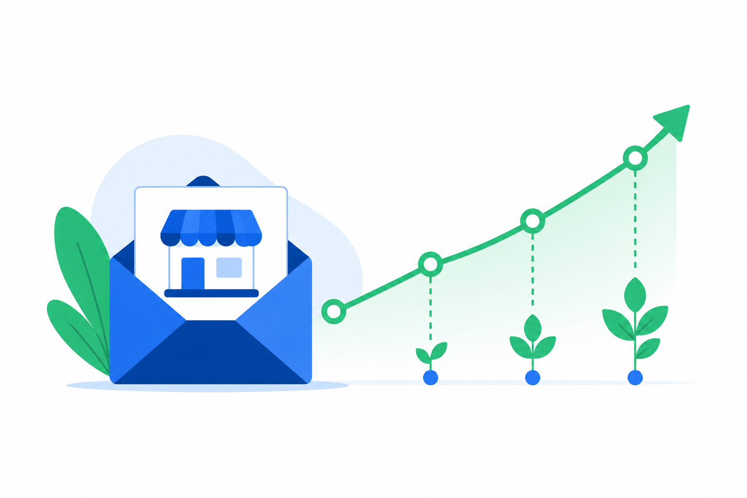 Ilustración flat design que representa el crecimiento progresivo de un pequeño negocio online mediante una línea ascendente y un sobre que simboliza la captación de clientes.