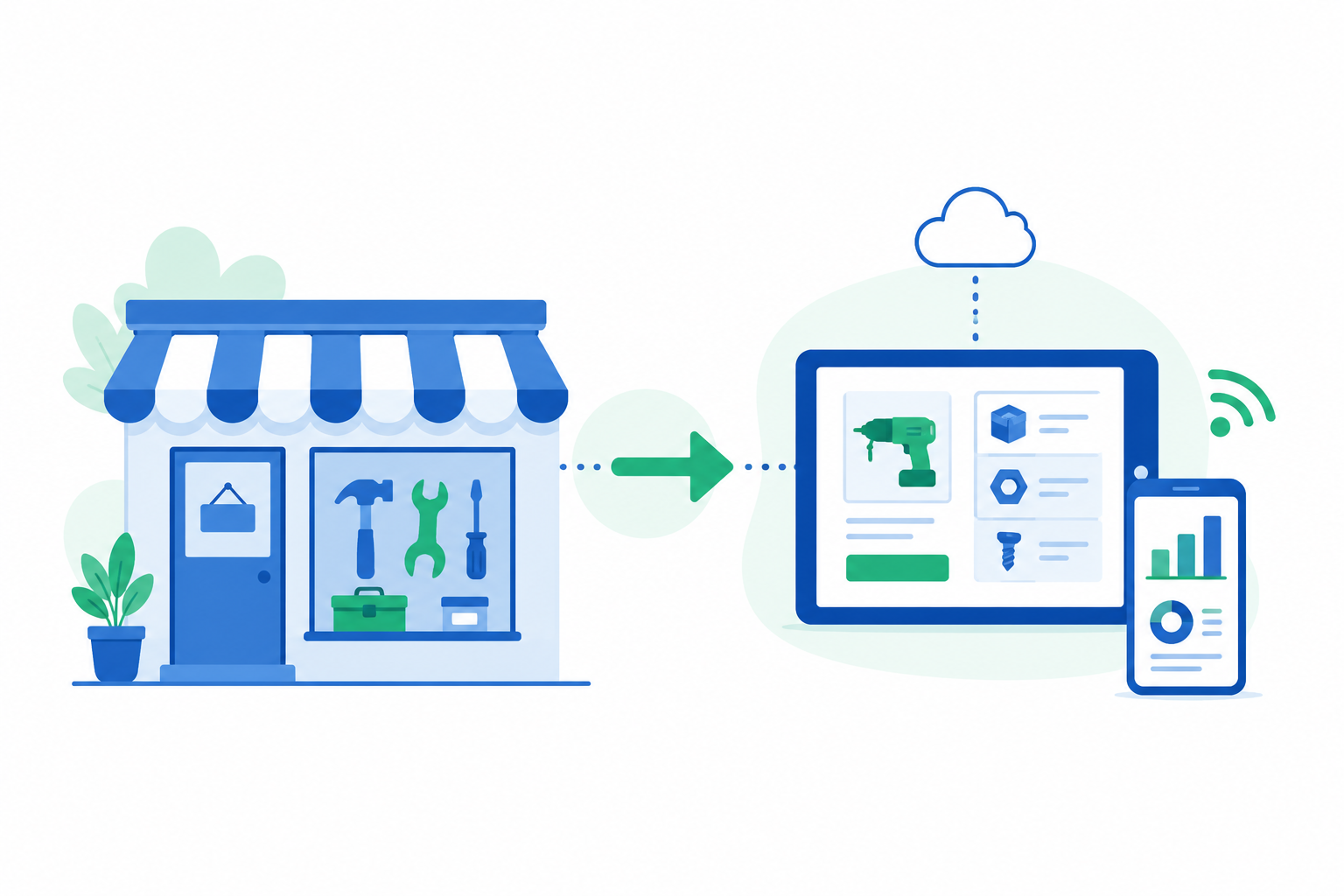 Ilustración flat design que representa a un pequeño negocio tradicional adoptando herramientas digitales.