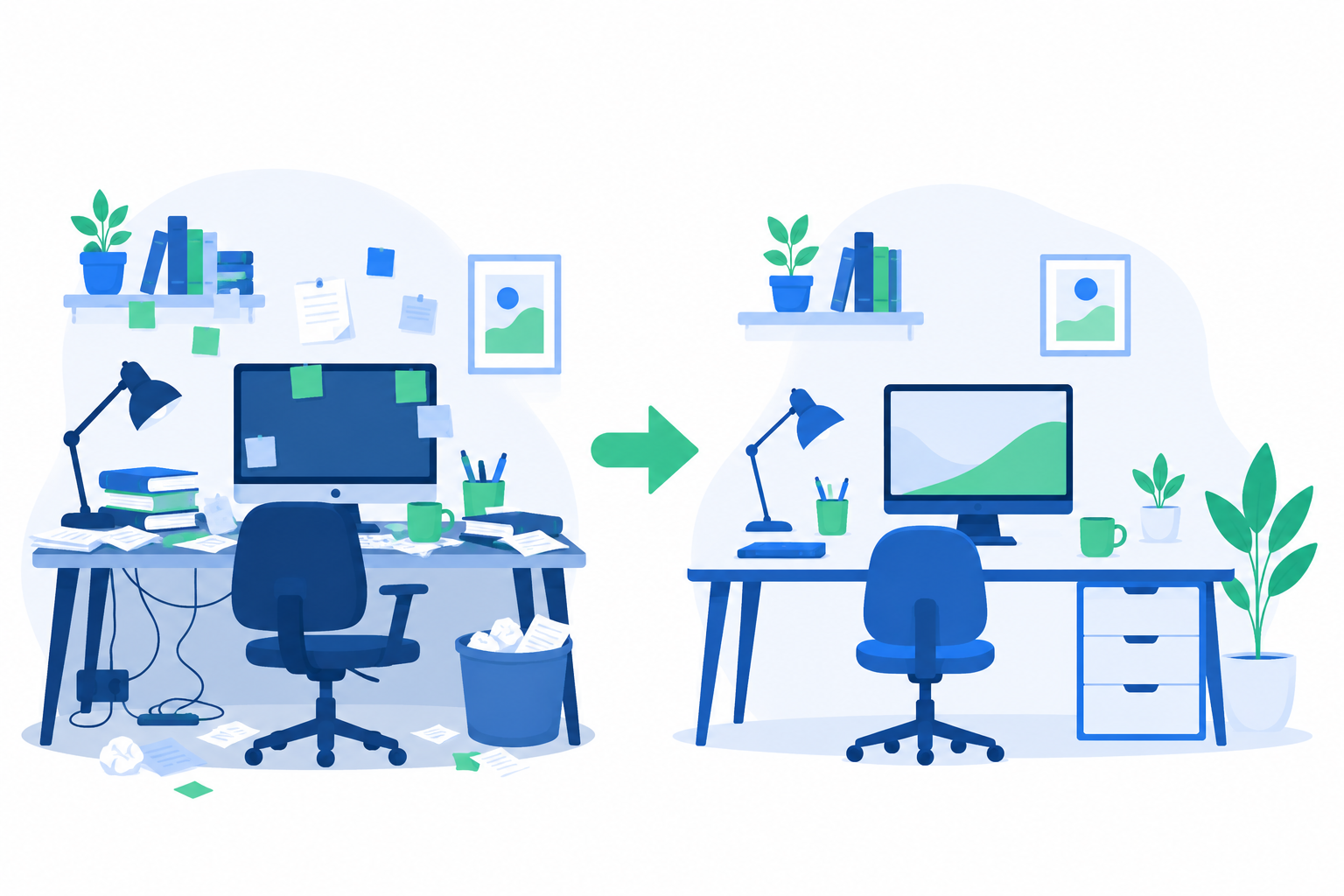 Ilustración flat design que representa el antes y el después de un espacio de trabajo transformado.