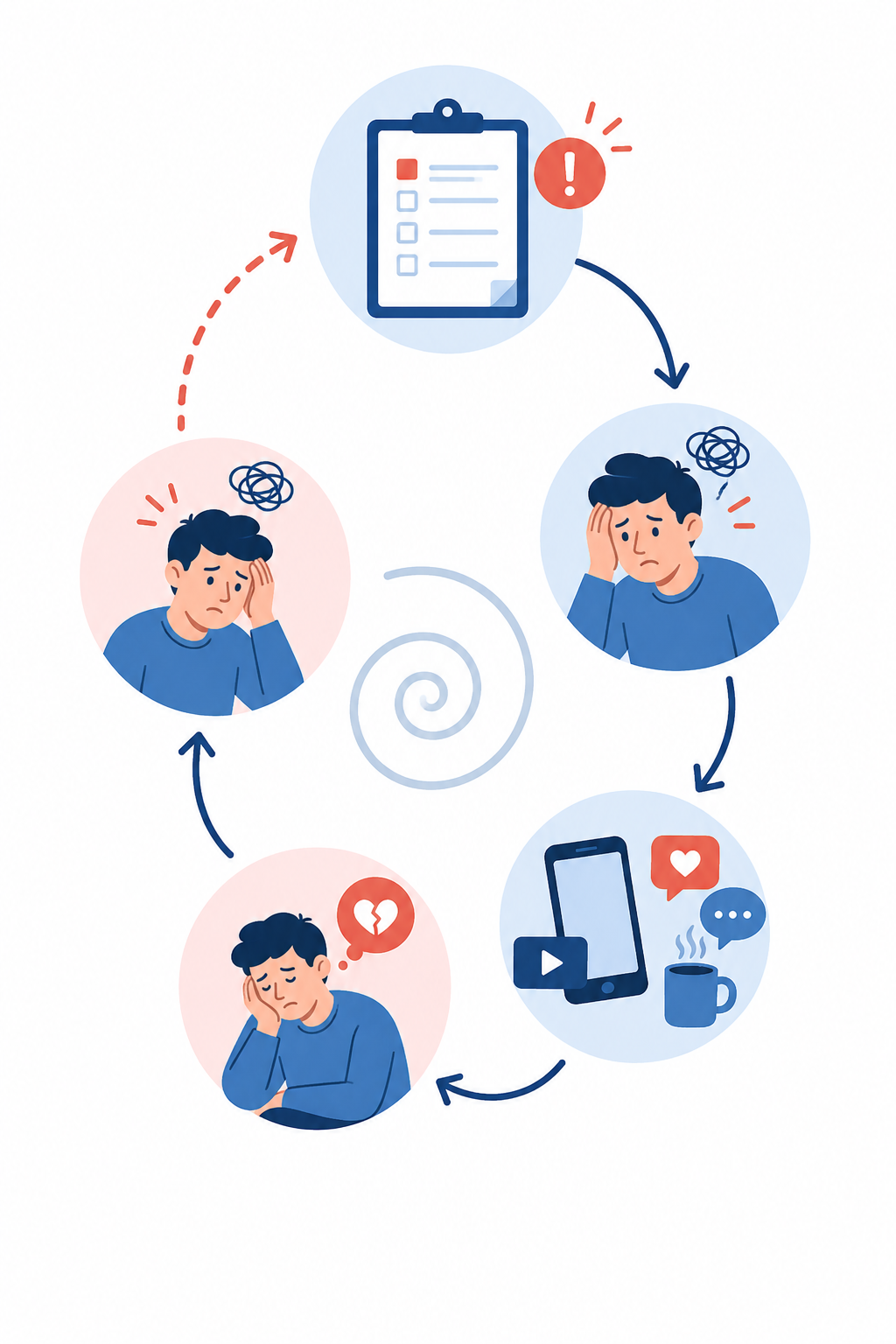 Ilustración del ciclo de la procrastinación mostrando cómo una tarea pendiente genera ansiedad, lleva a la distracción, provoca culpa y refuerza el hábito de posponer.