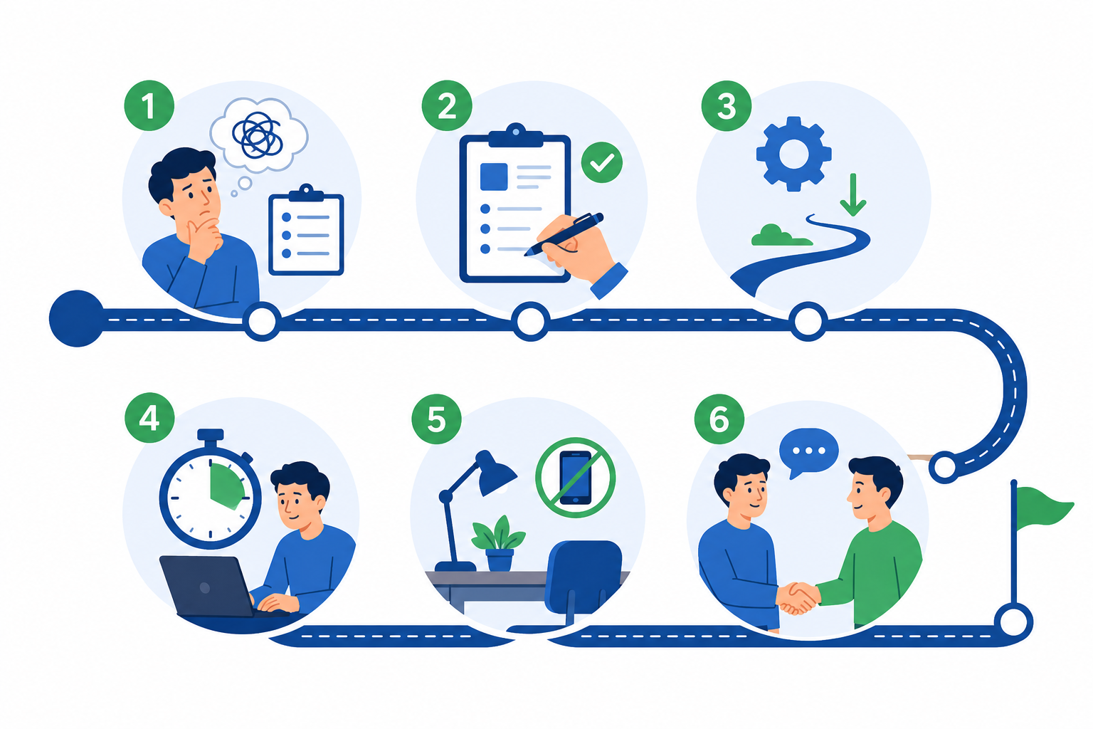 Hoja de ruta ilustrada con los pasos para dejar de procrastinar, desde identificar la tarea hasta crear un sistema de trabajo con responsabilidad compartida.