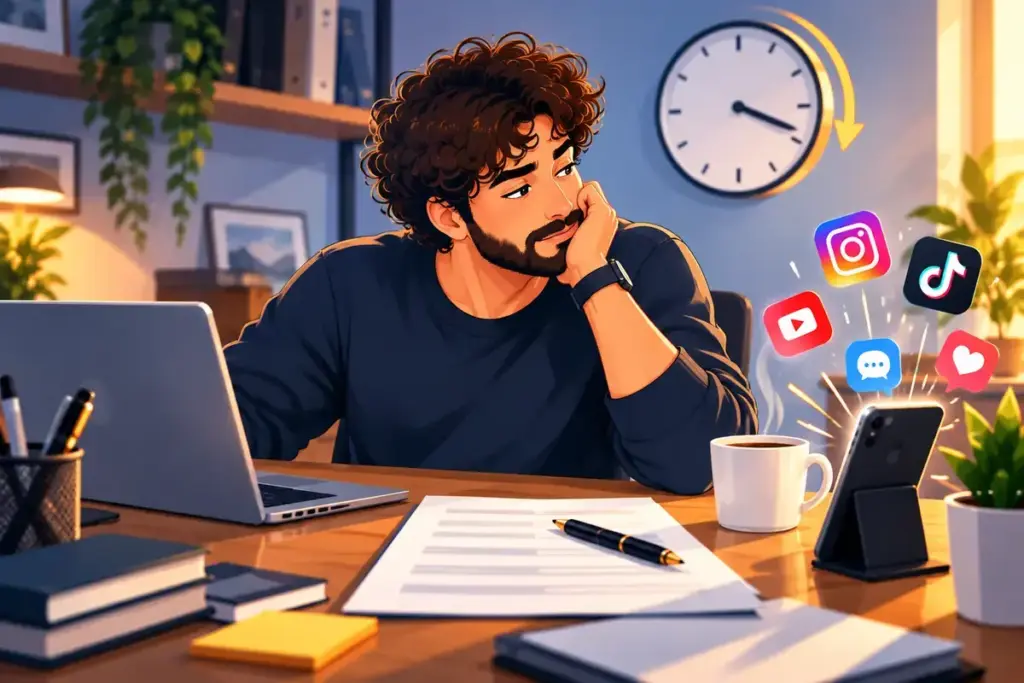 Persona frente a una tarea importante distraída por el móvil y las redes sociales, ilustrando cómo evitar la procrastinación