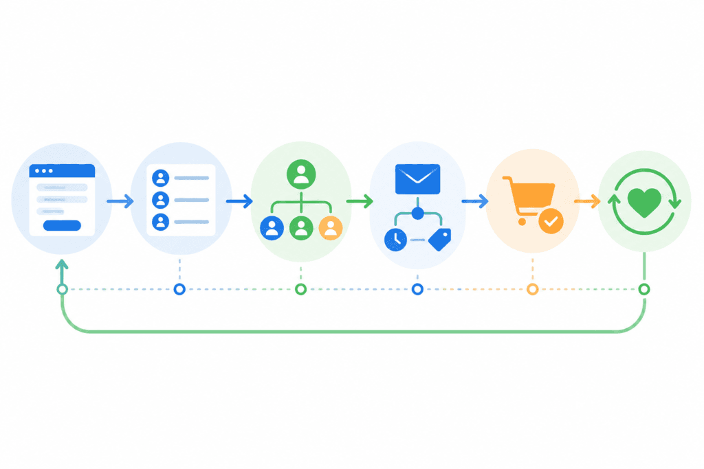 Infografía del proceso de email marketing que muestra la captación de suscriptores, la segmentación de la lista, las automatizaciones, la conversión y la fidelización de clientes.