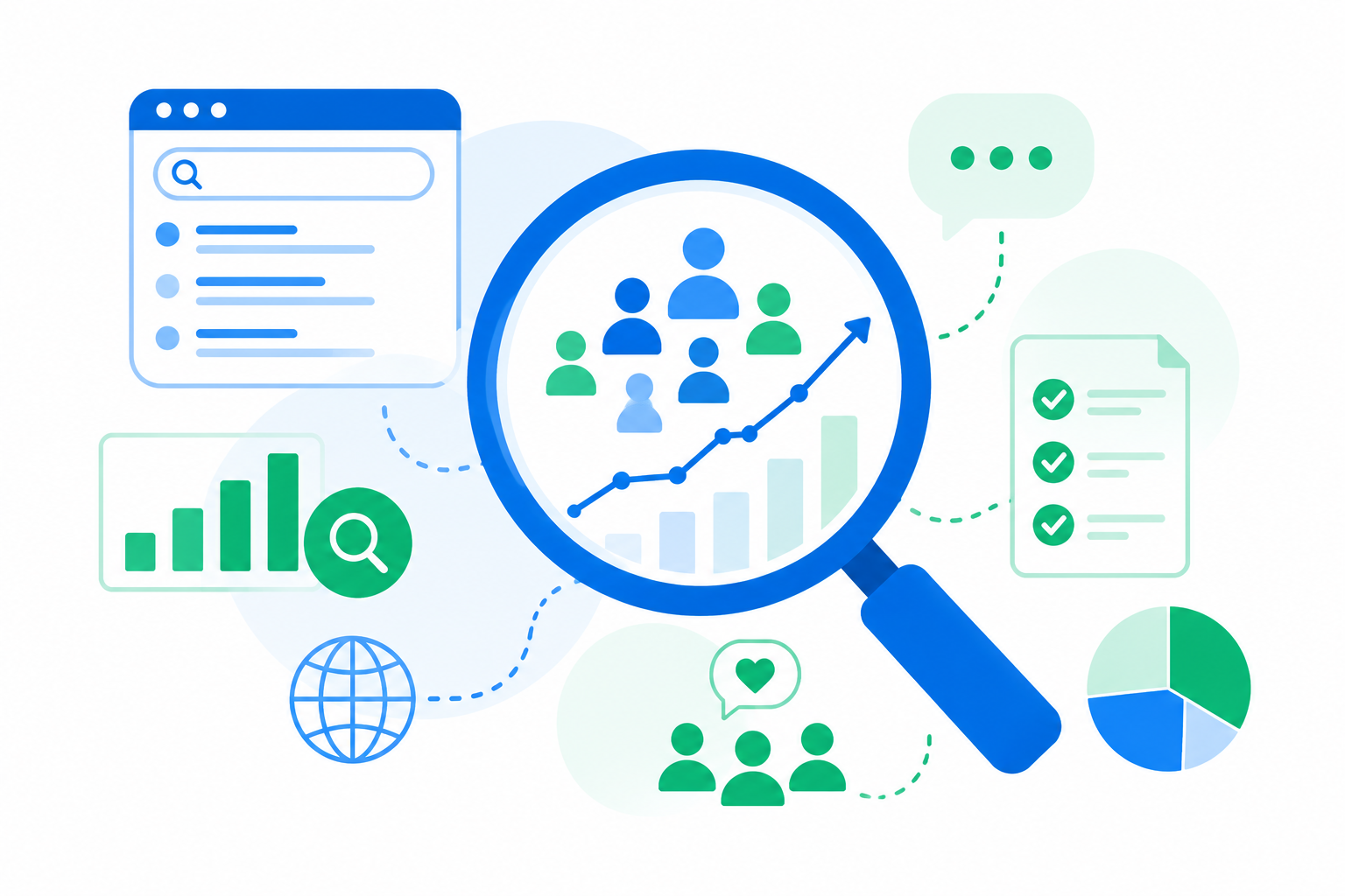 Validar una idea de negocio online. Ilustración flat design de una lupa analizando señales de demanda de mercado mediante búsquedas, conversaciones y datos de clientes potenciales.