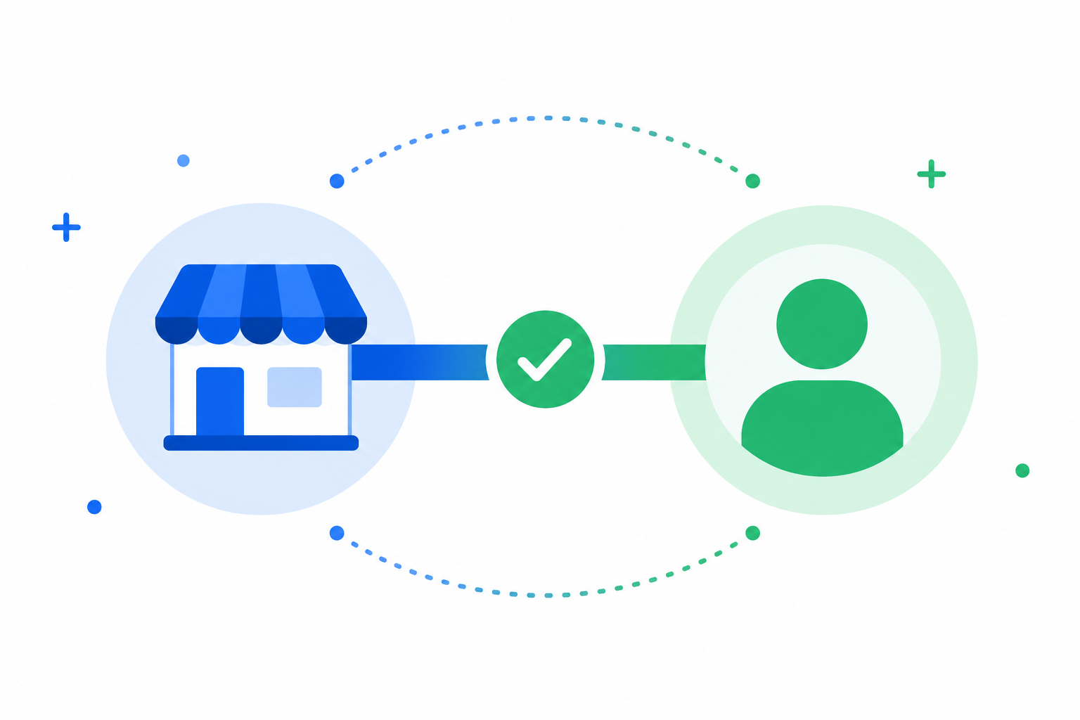 Ilustración flat design que representa la confianza entre un negocio online y un cliente mediante una conexión con un símbolo de verificación.