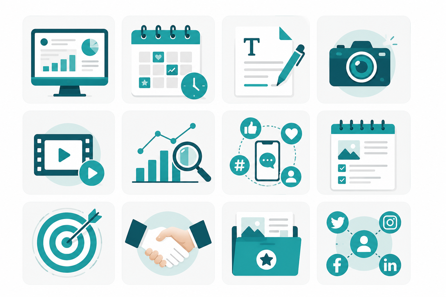 Ilustración con los módulos del curso Domina las Redes en 90 Días: estrategia, contenido, copywriting, fotografía, analítica y captación de clientes