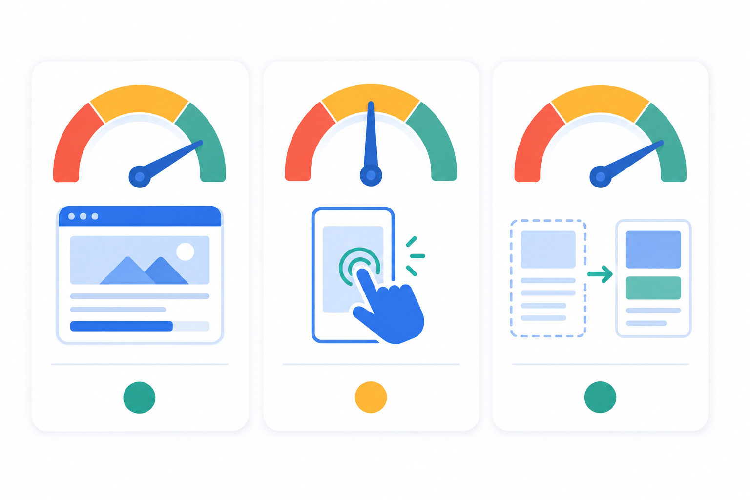 Ilustración de los tres Core Web Vitals: LCP para velocidad de carga, INP para respuesta a interacciones y CLS para estabilidad visual.