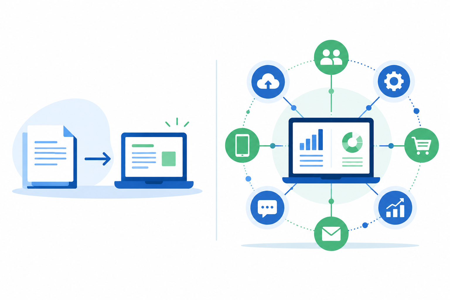 Ilustración flat design que compara la digitalización puntual con la transformación digital completa.