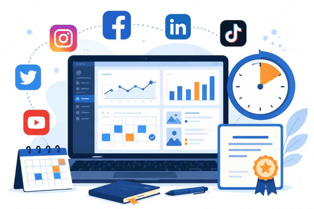 Ilustración del curso Domina las Redes en 90 Días con iconos de redes sociales, analíticas y certificado digital