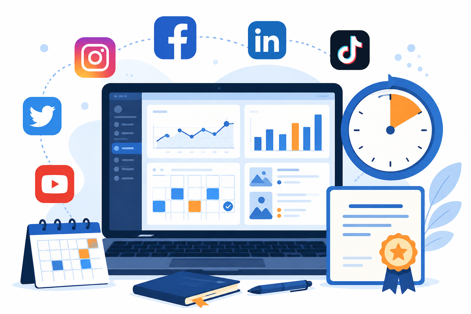 Ilustración del curso Domina las Redes en 90 Días con iconos de redes sociales, analíticas y certificado digital