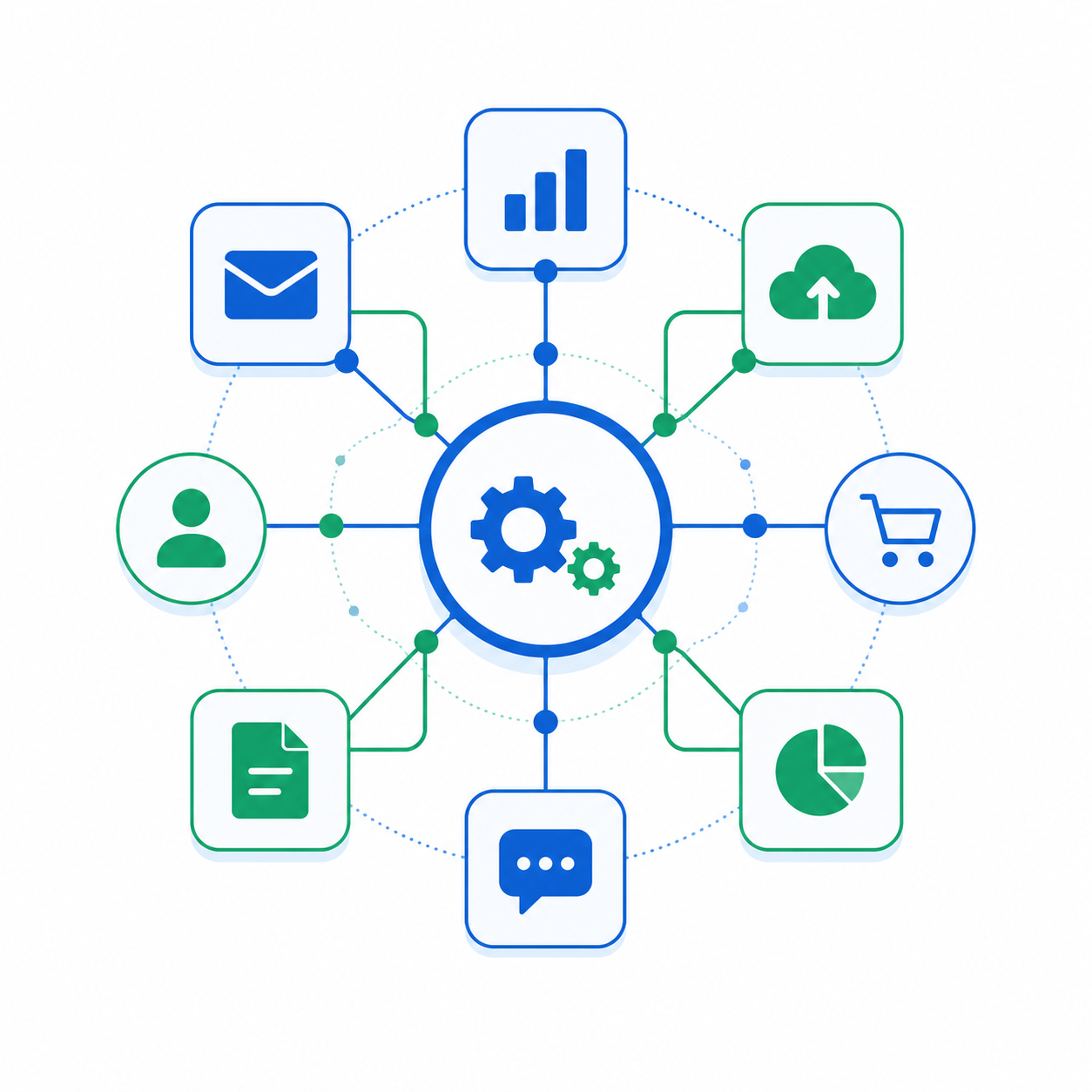 Ilustración flat design de herramientas digitales conectadas entre sí formando un ecosistema