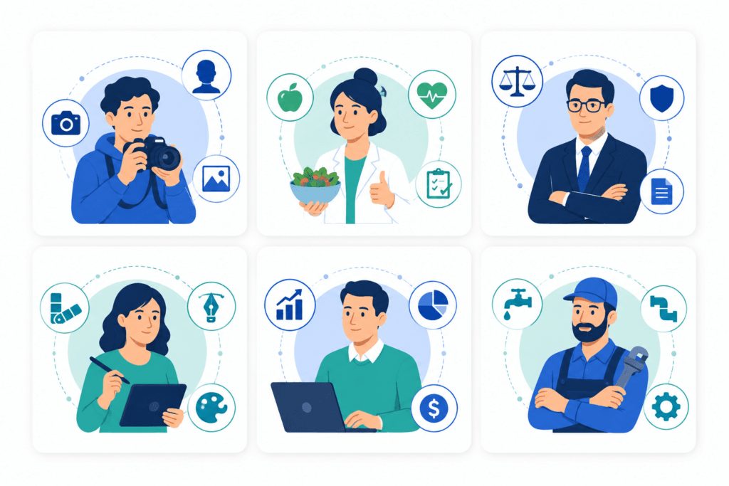 Ilustración de seis perfiles profesionales con marca personal propia: fotógrafo, nutricionista, abogado, diseñador, asesor financiero y fontanero.