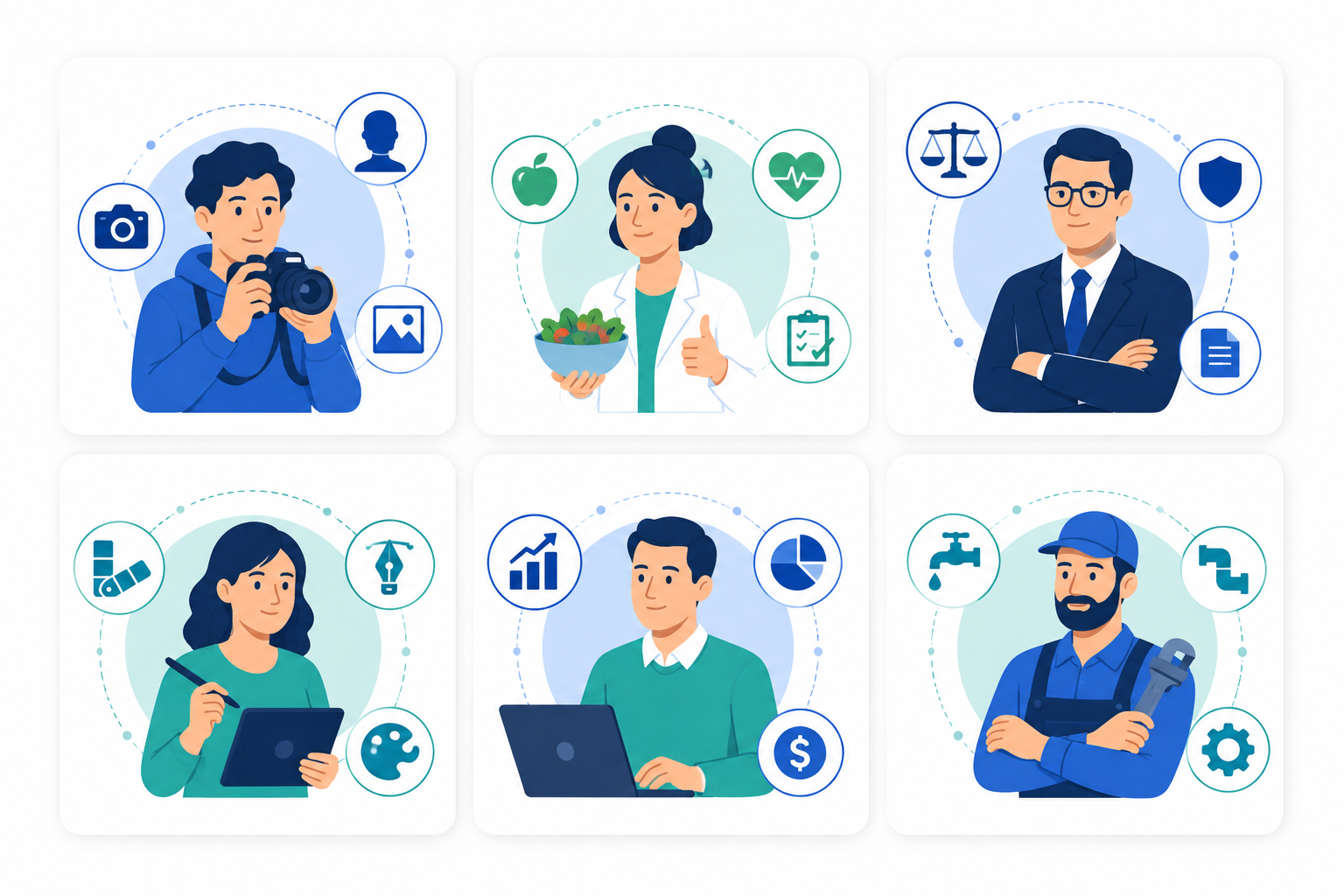 Ilustración de seis perfiles profesionales con marca personal propia: fotógrafo, nutricionista, abogado, diseñador, asesor financiero y fontanero.