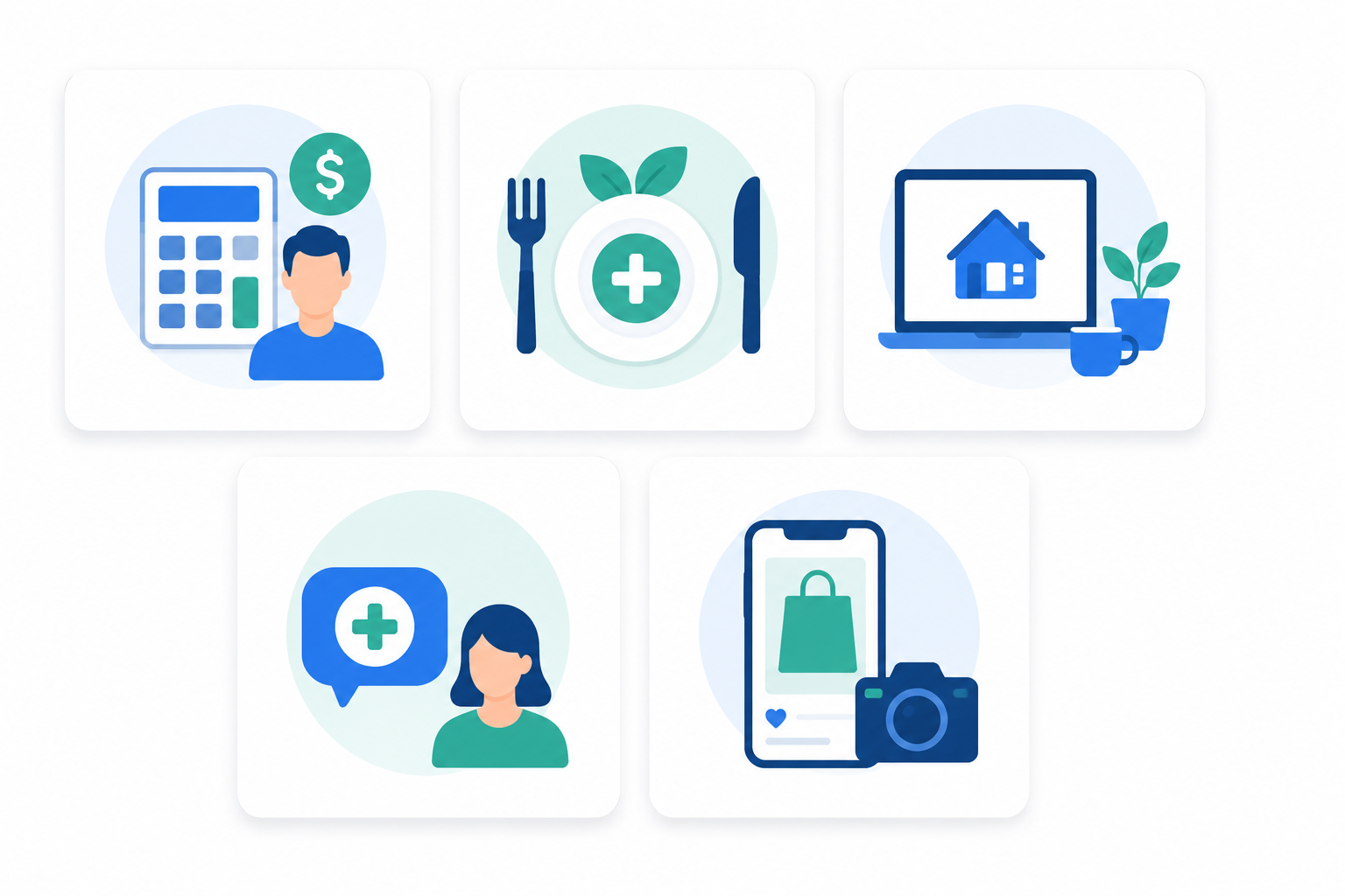 Ilustración con cinco ejemplos de nichos rentables para negocios online representados mediante tarjetas con iconos de finanzas, alimentación, teletrabajo, idiomas y fotografía de productos