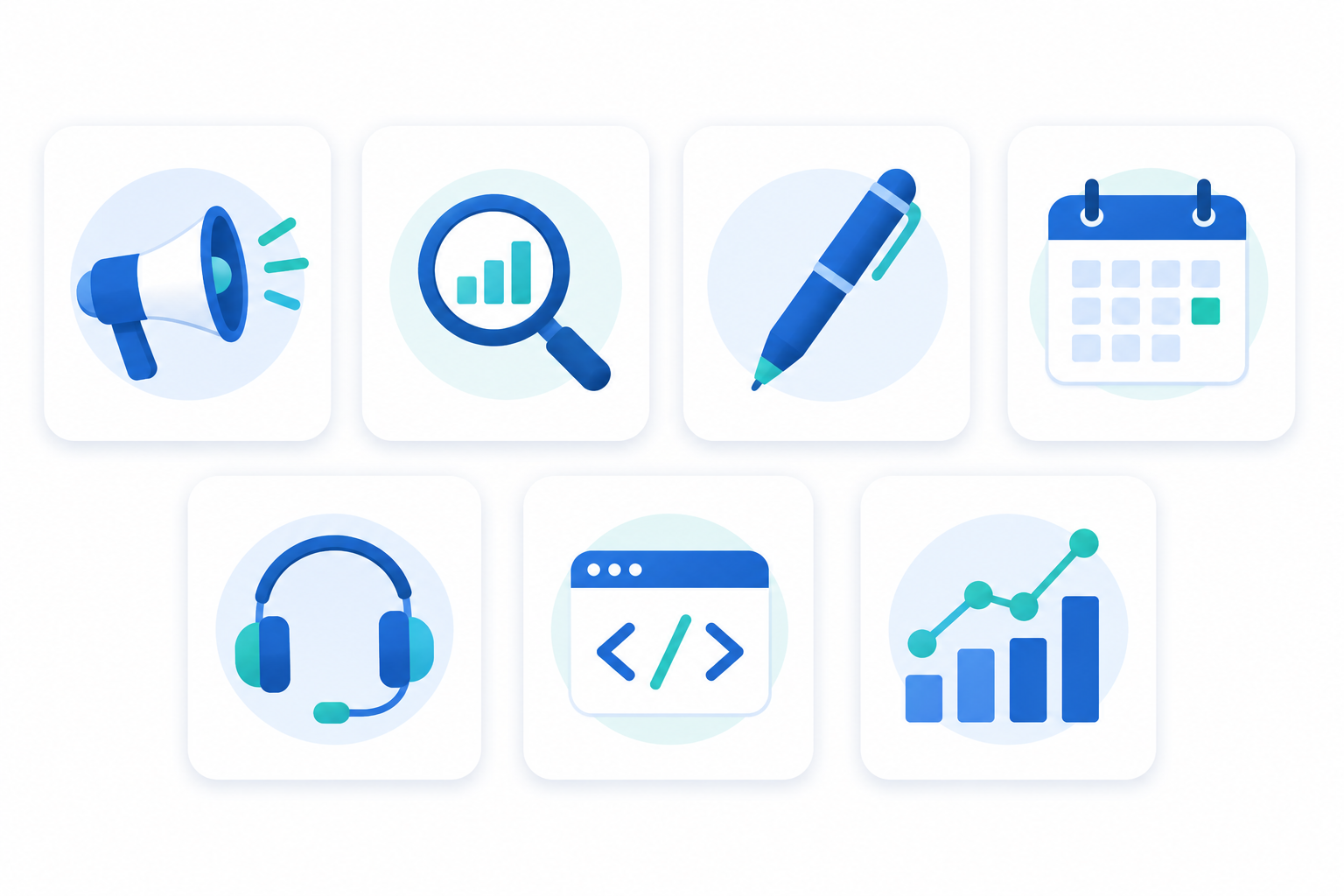 Ilustración de siete áreas profesionales donde se pueden usar prompts de IA: marketing, SEO, redacción, productividad, atención al cliente, programación y análisis de datos.