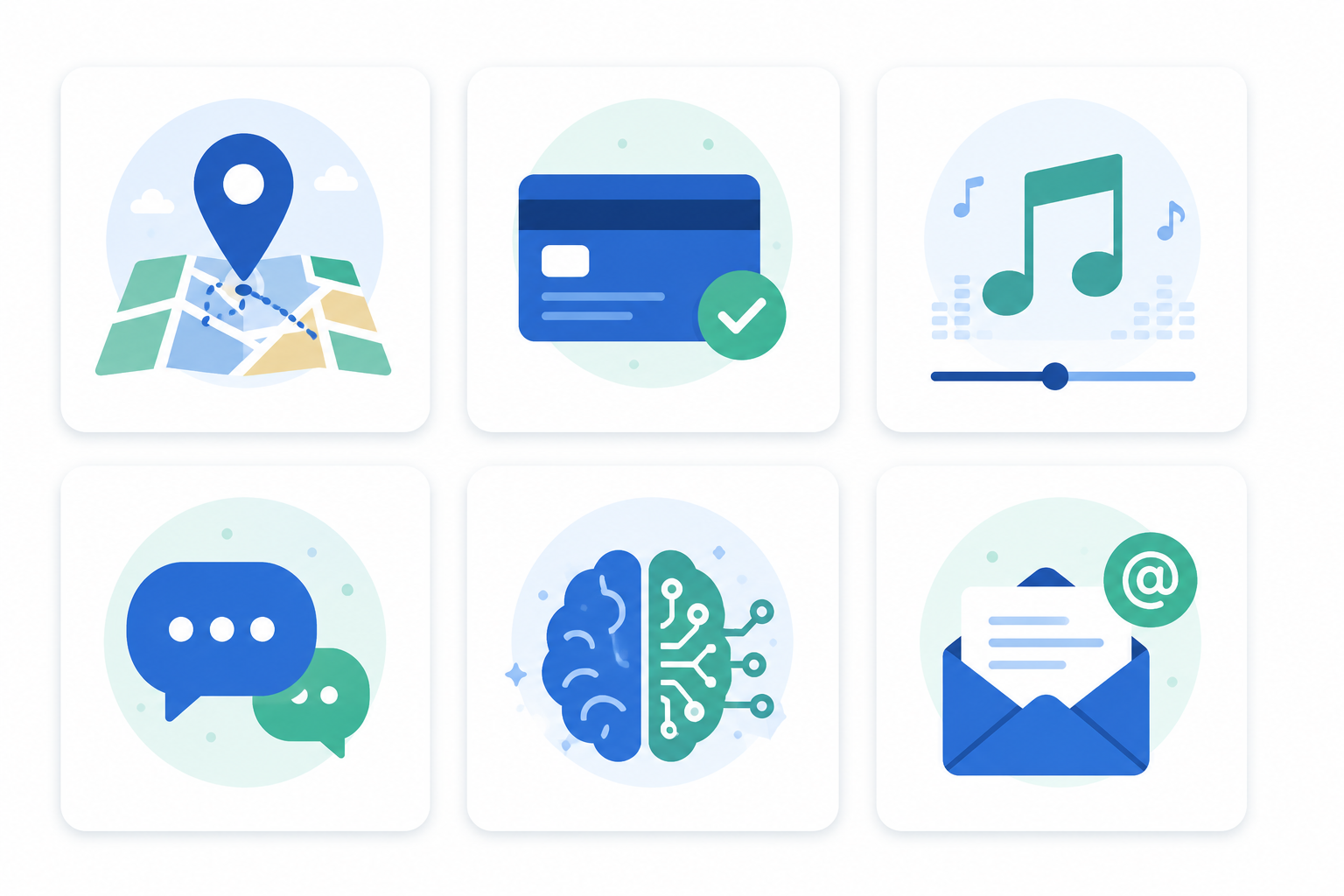 Ilustración de casos de uso reales de APIs con iconos de mapas, pagos, música, mensajería, inteligencia artificial y email.