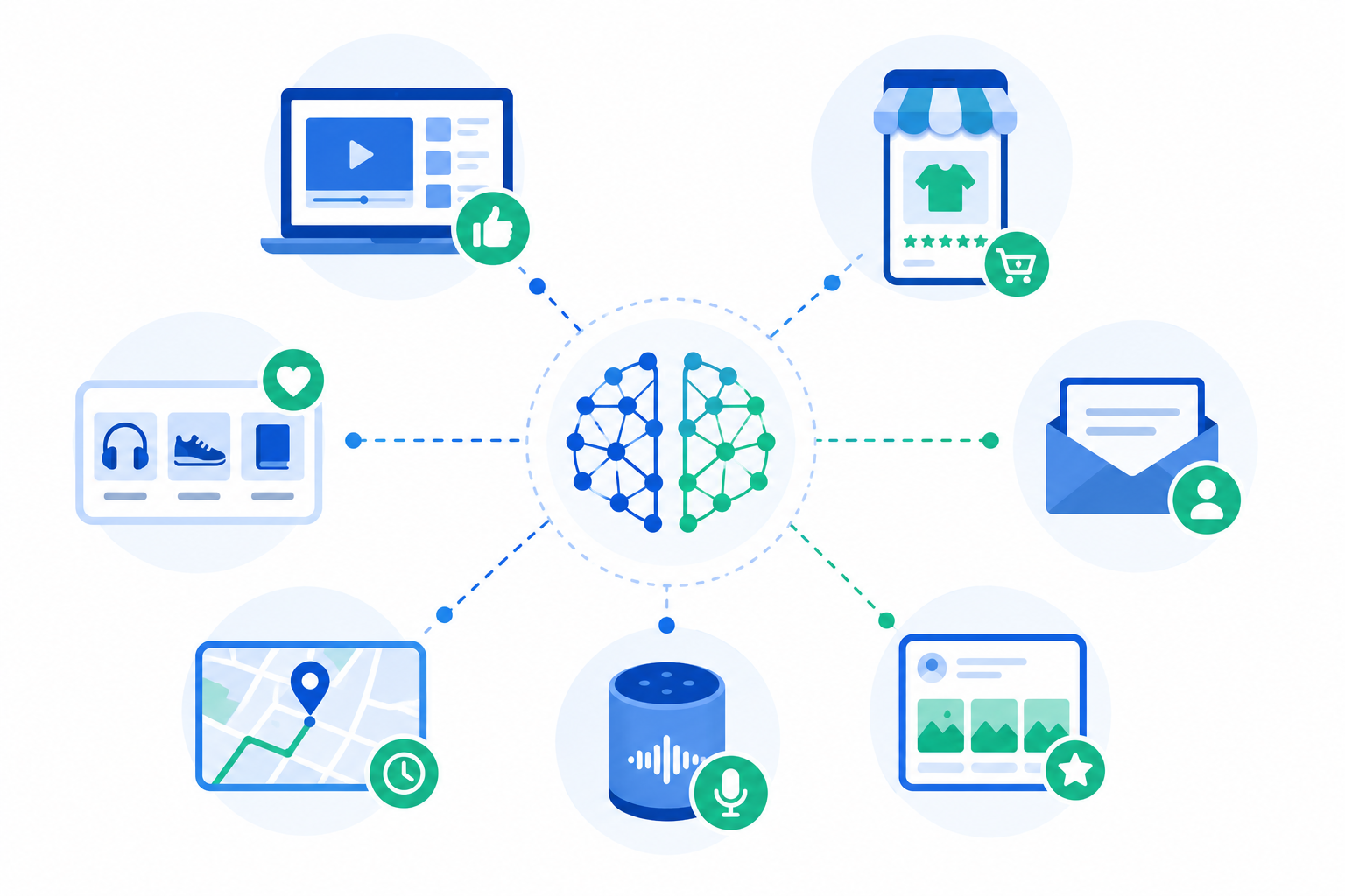 Ilustración flat design de servicios digitales cotidianos conectados a un sistema de Machine Learning.