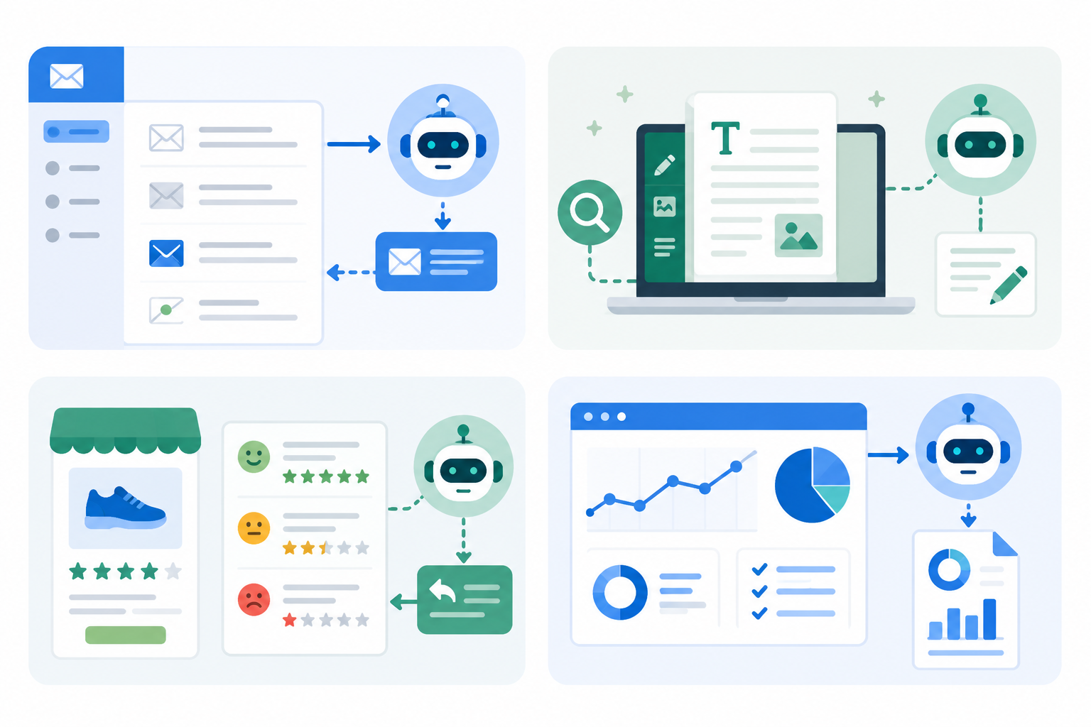 Ilustración en cuadrícula con cuatro ejemplos de uso de agentes de inteligencia artificial en correo electrónico, creación de contenido, comercio electrónico y análisis de datos