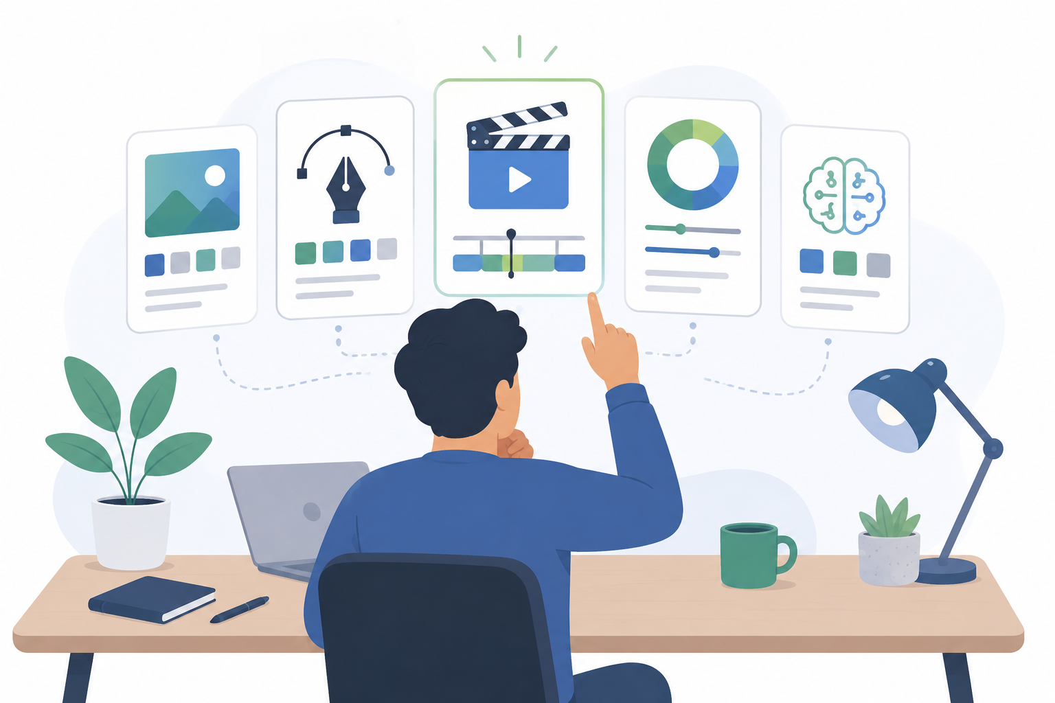 Ilustración de un emprendedor seleccionando herramientas de edición digital según las necesidades de su proyecto.