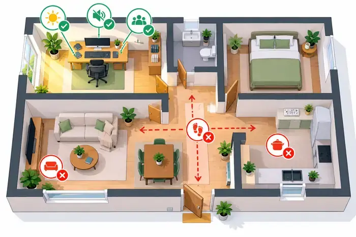 Plano de una vivienda con el escritorio situado junto a una ventana, lejos de las zonas de paso y de descanso