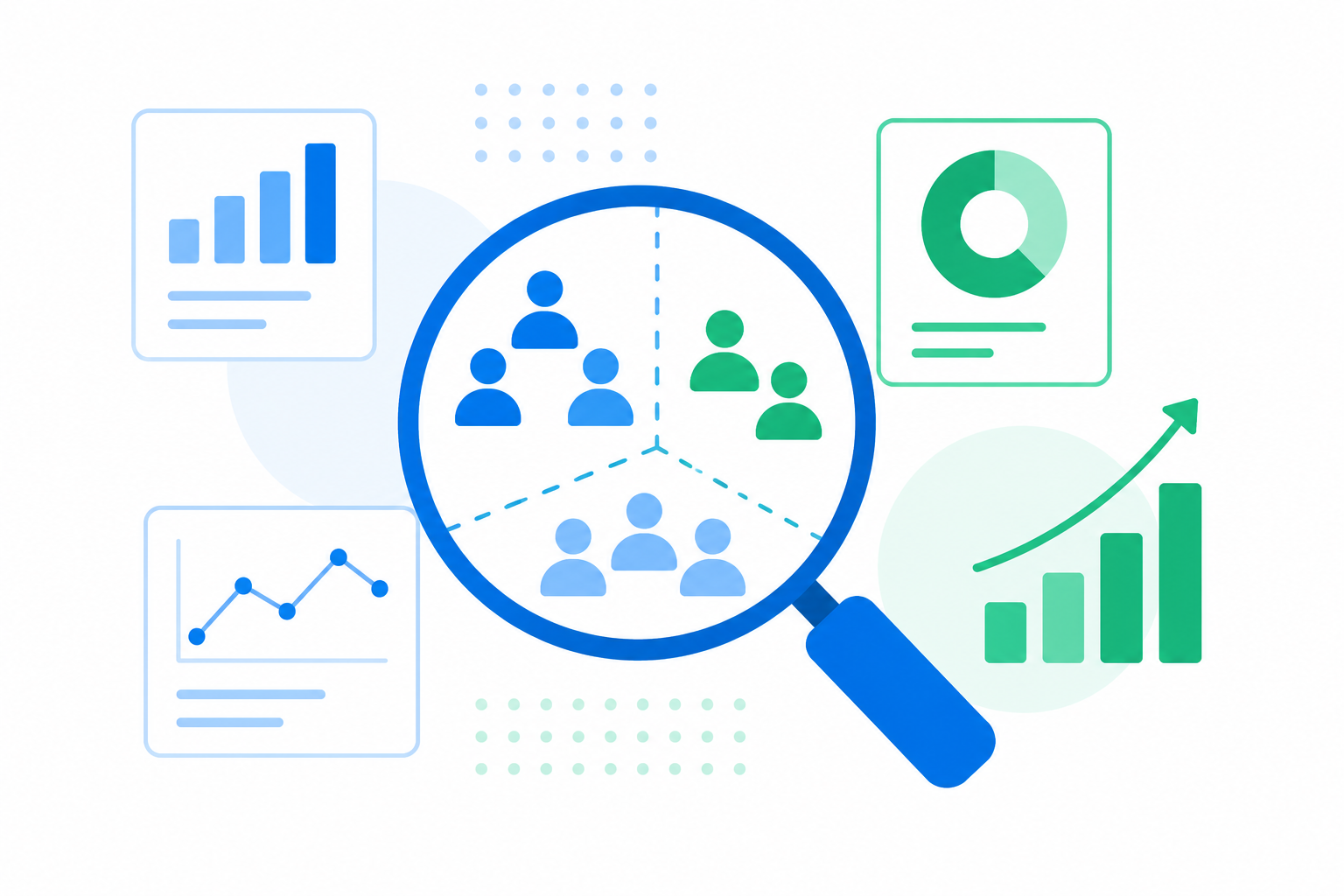 Ilustración flat design de una lupa analizando distintos segmentos de mercado para validar la demanda antes de elegir un nicho de negocio.