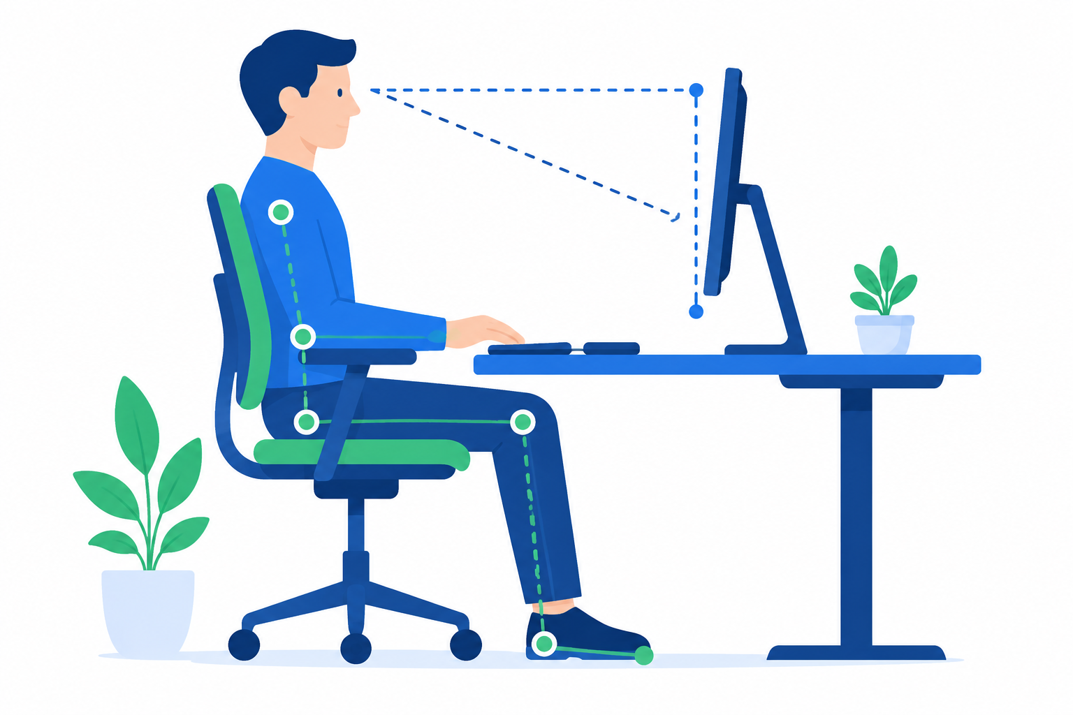 Ilustración flat design que representa la postura correcta y la ergonomía en un escritorio.