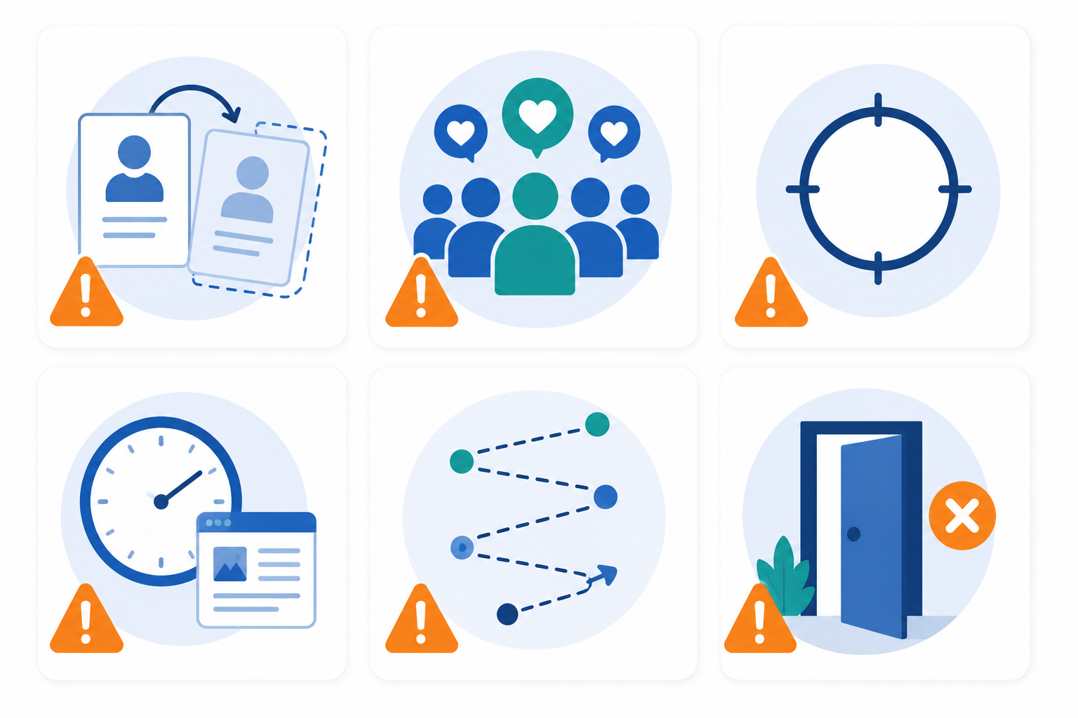 Ilustración de los seis errores más habituales en la construcción de una marca personal representados como iconos de advertencia.