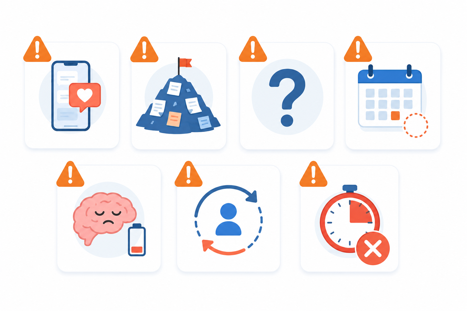 Ilustración flat design de los errores más habituales al aplicar la técnica Pomodoro, representados mediante iconos de advertencia como el uso del móvil, tareas demasiado grandes, falta de planificación, fatiga y un temporizador mal utilizado.