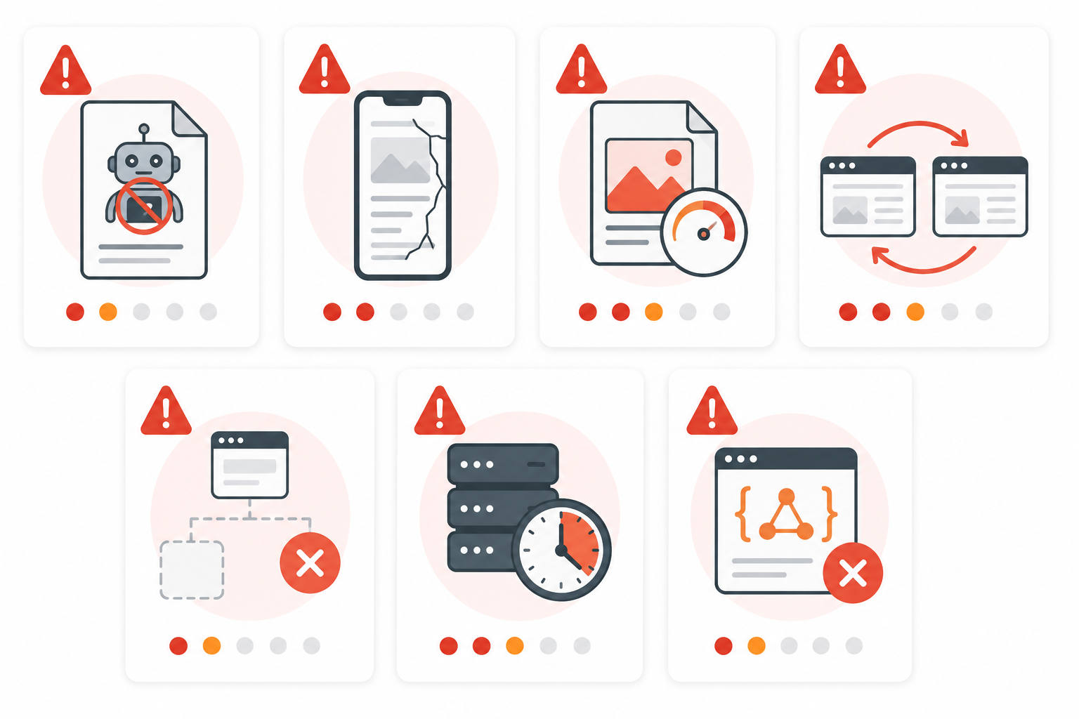 Ilustración de los siete errores técnicos más frecuentes en SEO: robots.txt bloqueado, web no responsive, imágenes pesadas, URLs duplicadas, páginas huérfanas, servidor lento y ausencia de datos estructurados.