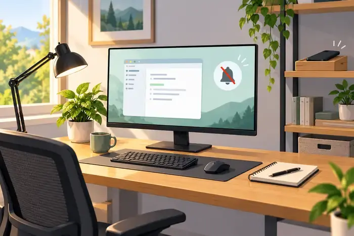 Escritorio minimalista con una sola ventana abierta en la pantalla, notificaciones silenciadas y el móvil lejos