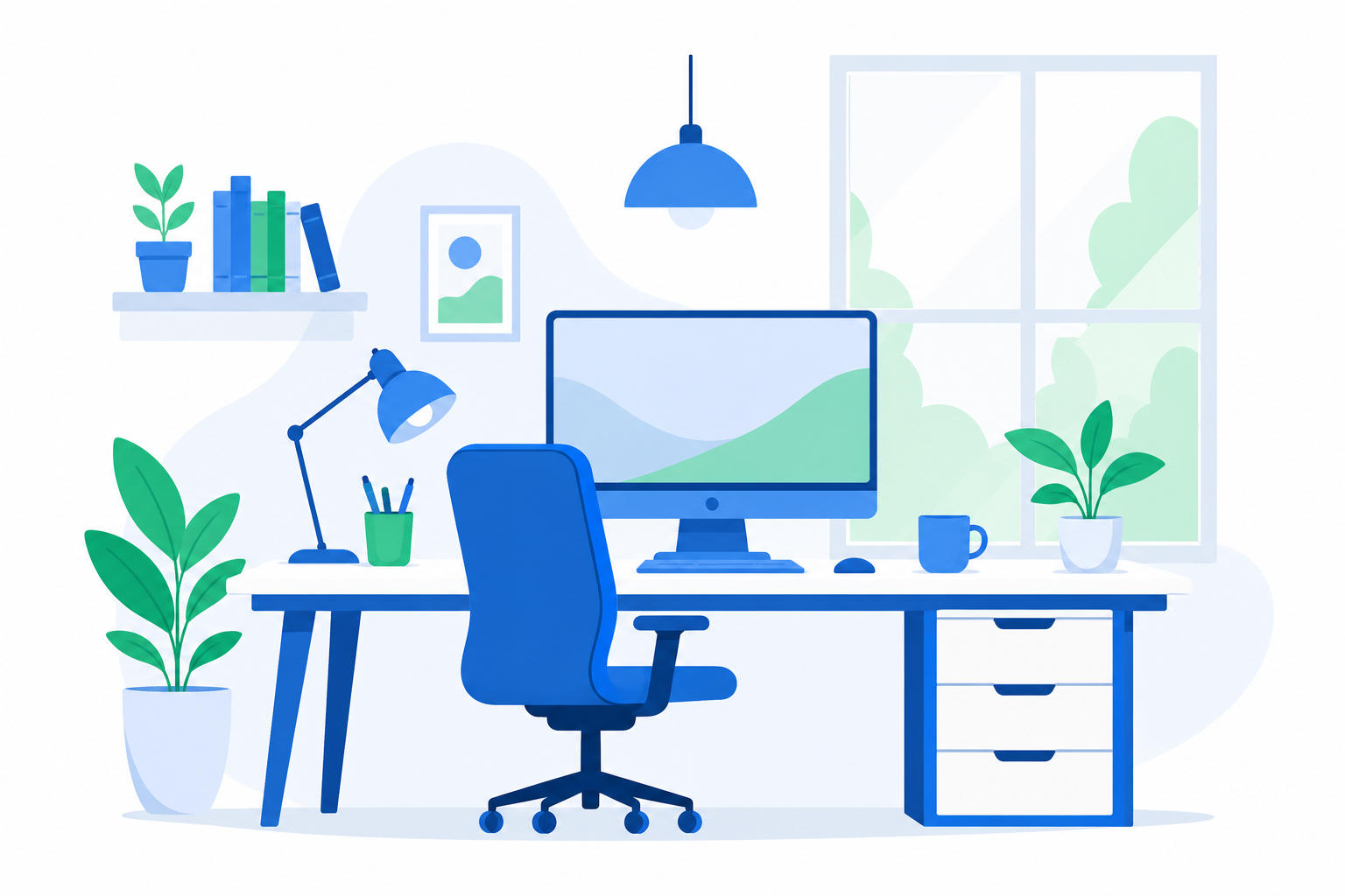 Ilustración flat design de un escritorio ordenado y bien iluminado, representando un espacio de trabajo productivo.