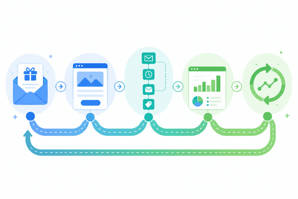 Ilustración de una estrategia de email marketing que muestra el recorrido desde un lead magnet hasta la automatización, el análisis de resultados y la optimización continua.