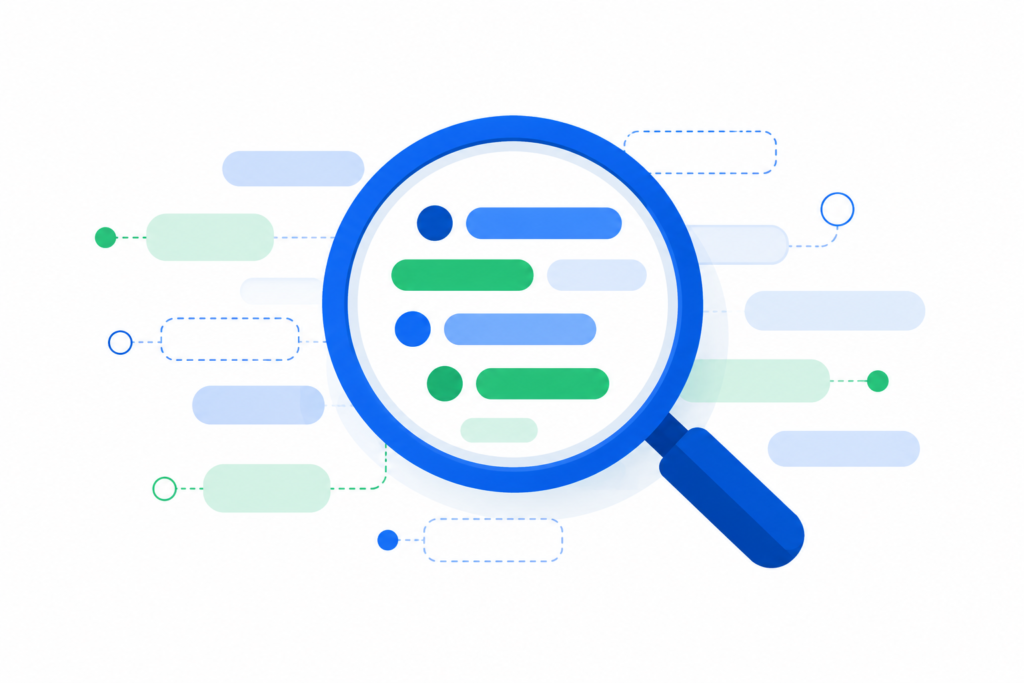 Ilustración flat design que representa una lupa analizando un conjunto de palabras clave para identificar oportunidades de posicionamiento SEO.