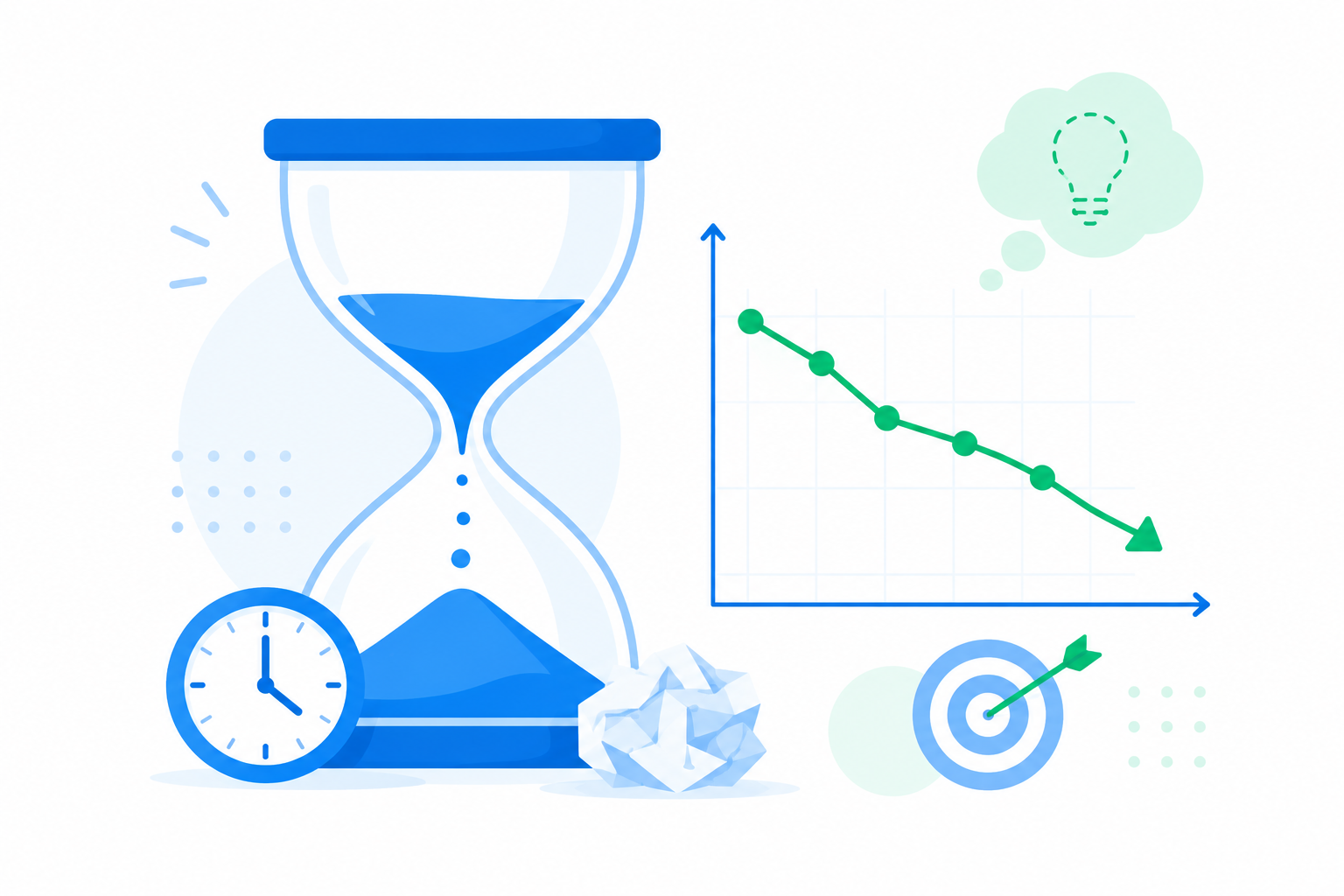 Ilustración flat design de un reloj de arena junto a una gráfica descendente que representa el tiempo y el esfuerzo perdidos al lanzar un negocio sin validar la demanda.