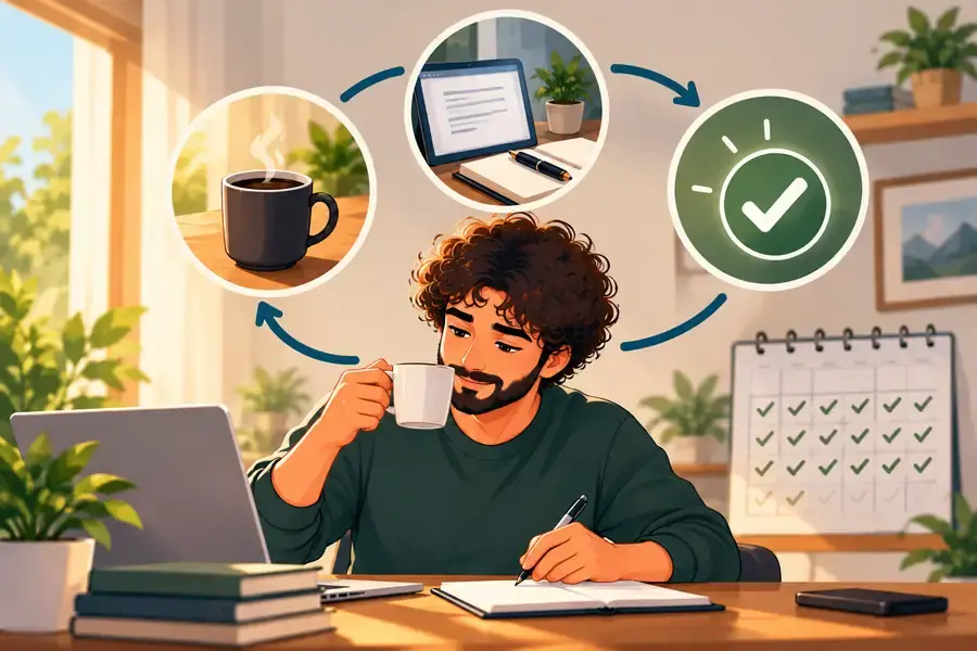 Rutina diaria en la que el café de la mañana da paso a trabajar en la tarea importante, representando cómo los hábitos reducen la procrastinación
