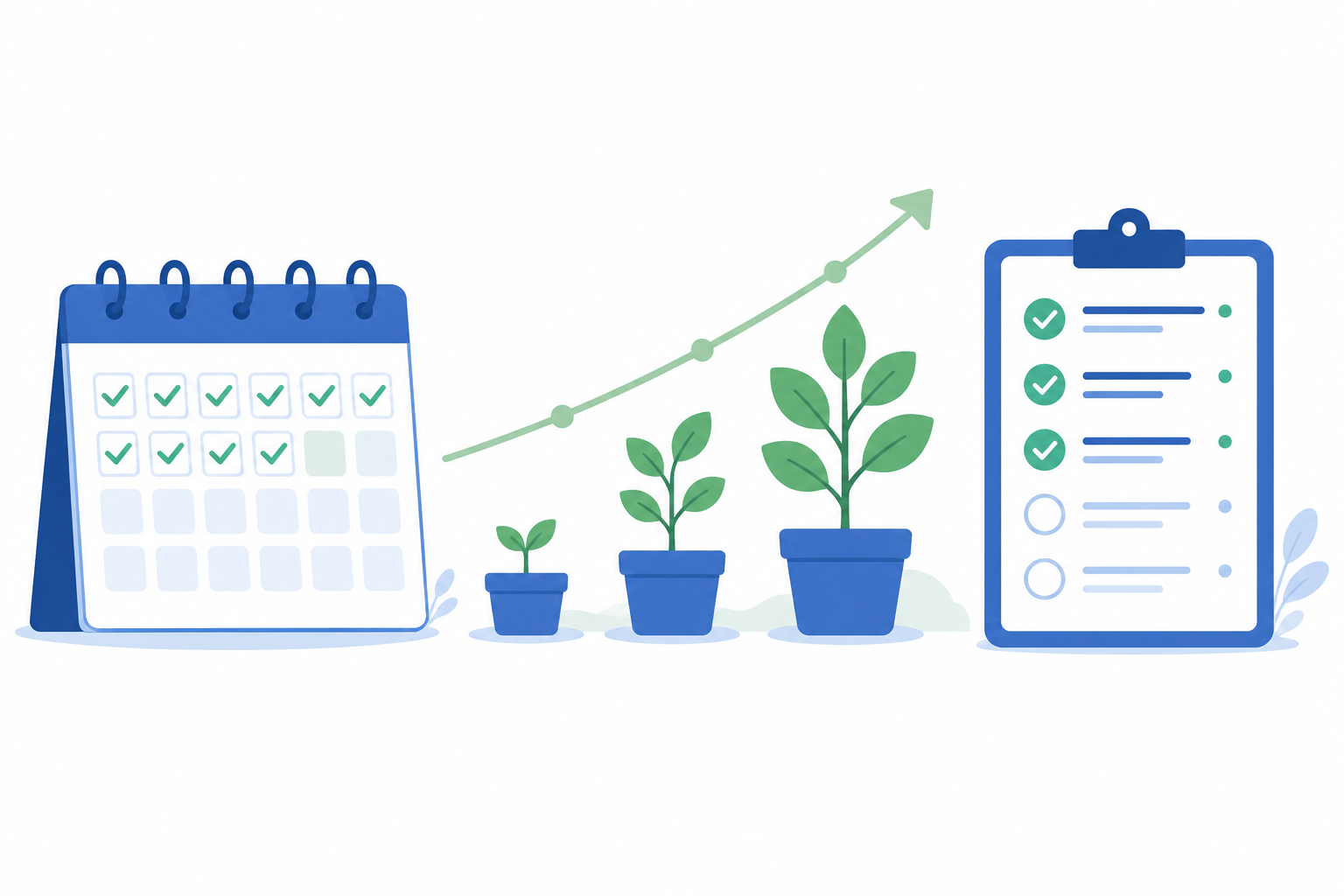 Ilustración del desarrollo gradual de hábitos productivos con un calendario de seguimiento, una planta que crece progresivamente y una lista de tareas cada vez más organizada.