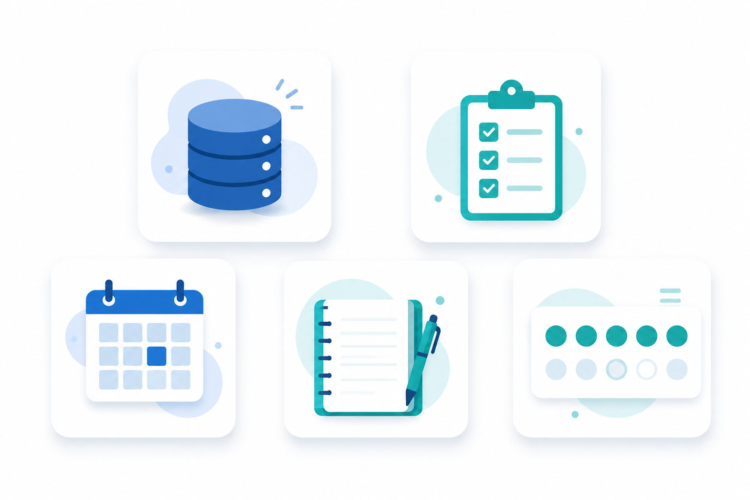Ilustración flat design de cinco herramientas para gestionar hábitos productivos, representadas como tarjetas flotantes con iconos de base de datos, lista de tareas, calendario, cuaderno y seguimiento de progreso.