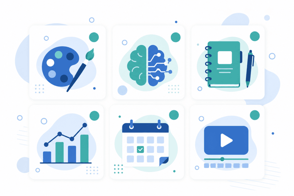 Ilustración de las seis principales herramientas digitales para la gestión de una marca personal: diseño, inteligencia artificial, organización, analítica, programación y edición de vídeo.