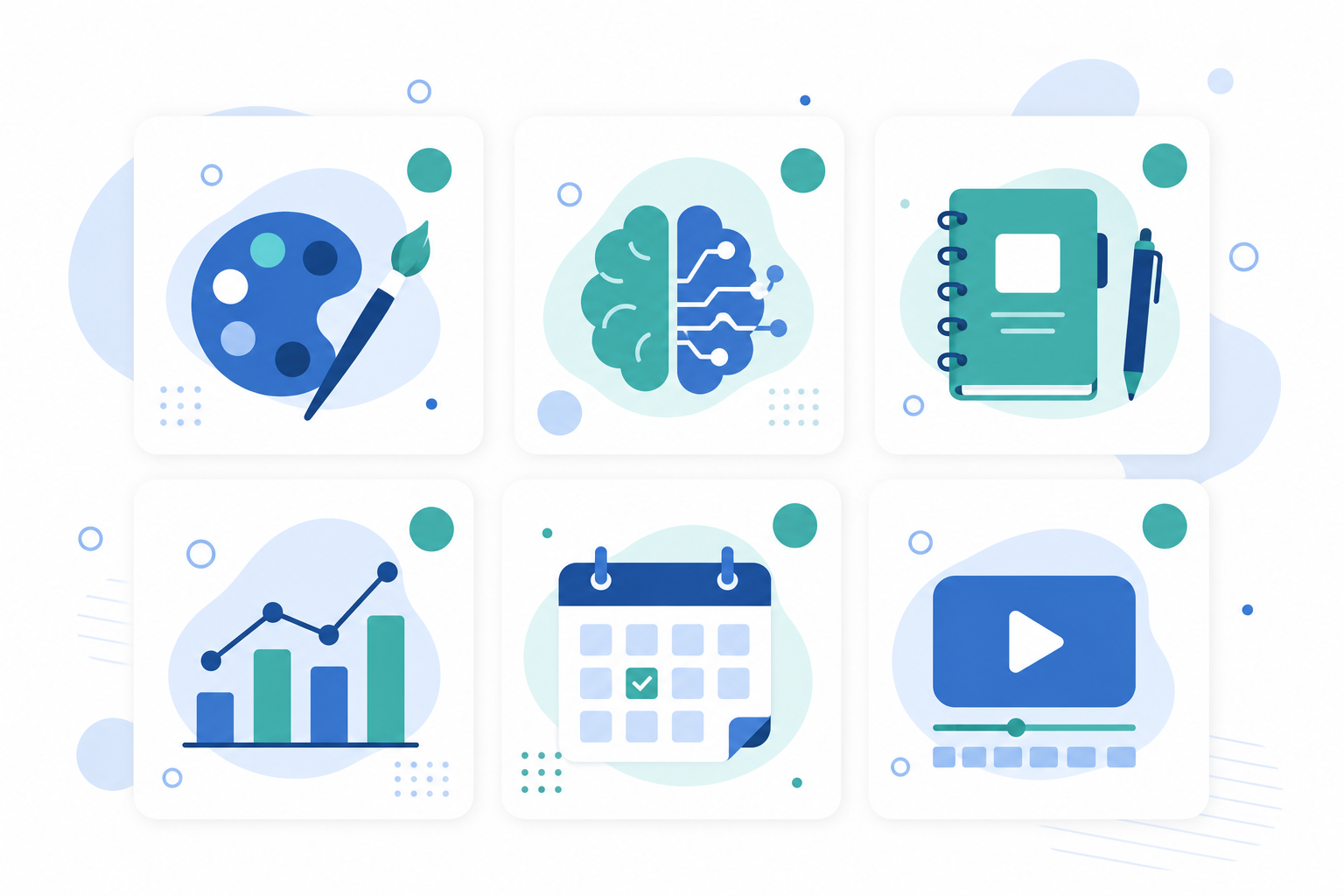 Ilustración de las seis principales herramientas digitales para la gestión de una marca personal: diseño, inteligencia artificial, organización, analítica, programación y edición de vídeo.