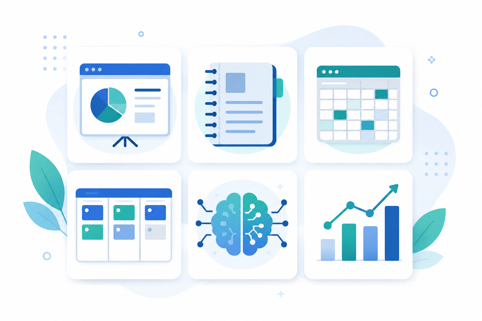 Ilustración de seis herramientas digitales para elaborar un plan de negocio: presentación, organización, hojas de cálculo, gestión de tareas, asistente de IA e investigación de mercado.