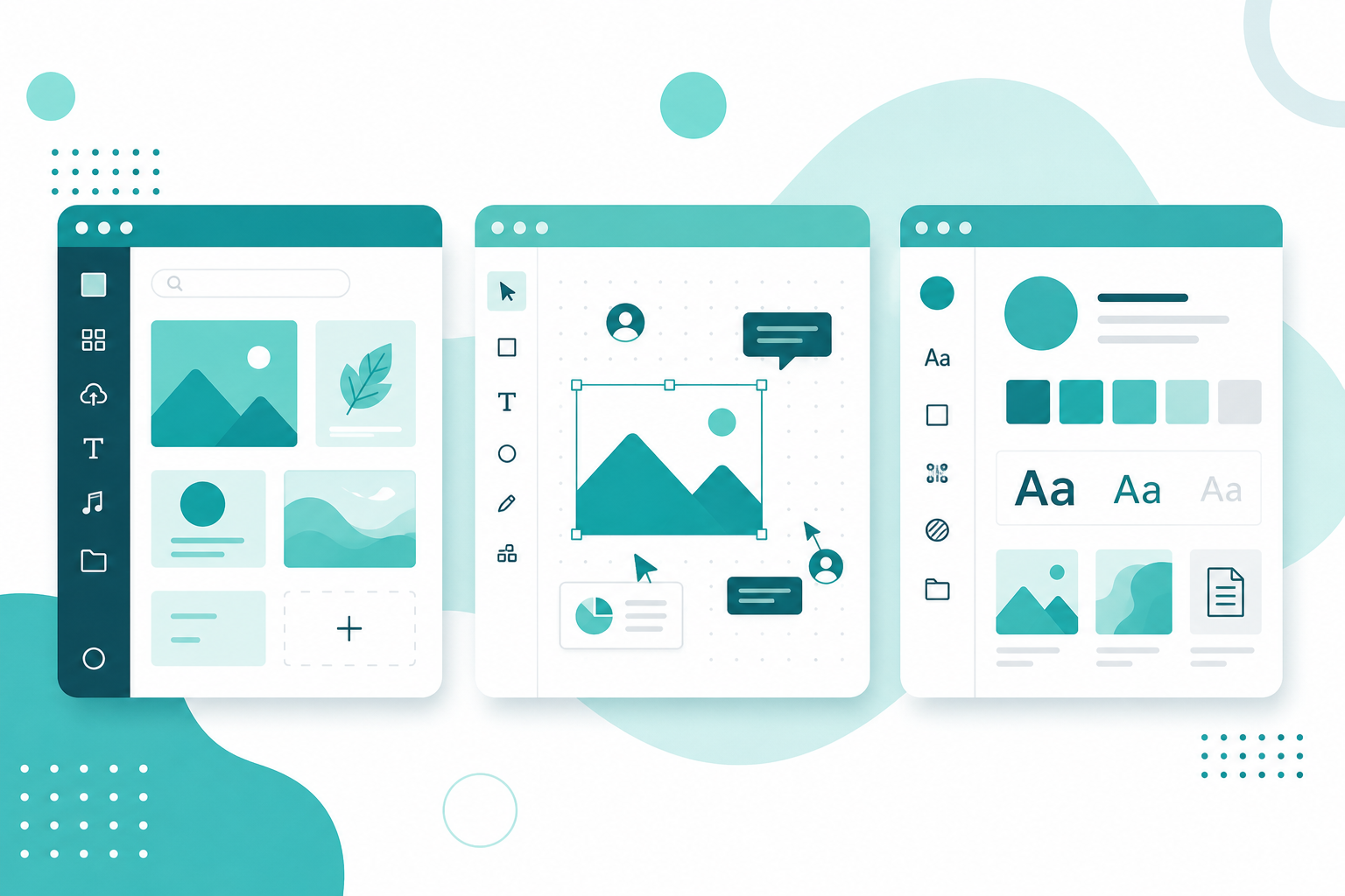 Comparativa visual de tres interfaces de herramientas de diseño gráfico para emprendedores con plantillas, tablero colaborativo y kit de marca.