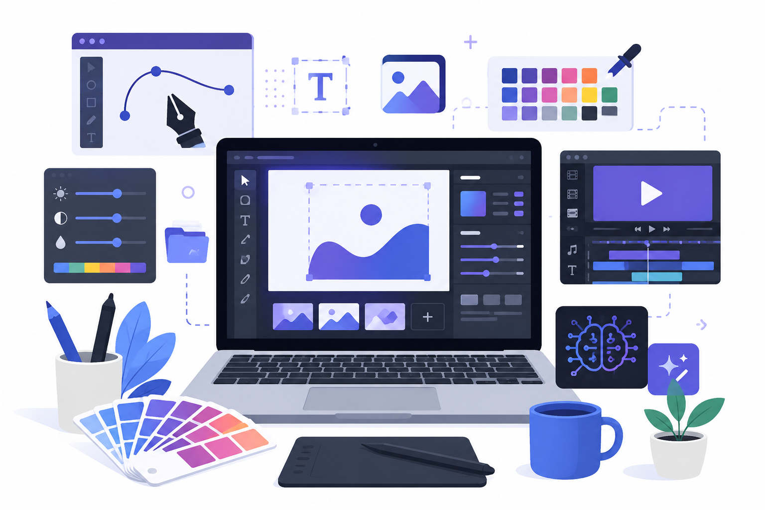 Espacio de trabajo digital con herramientas de edición para diseño gráfico, vídeo e inteligencia artificial para emprendedores.
