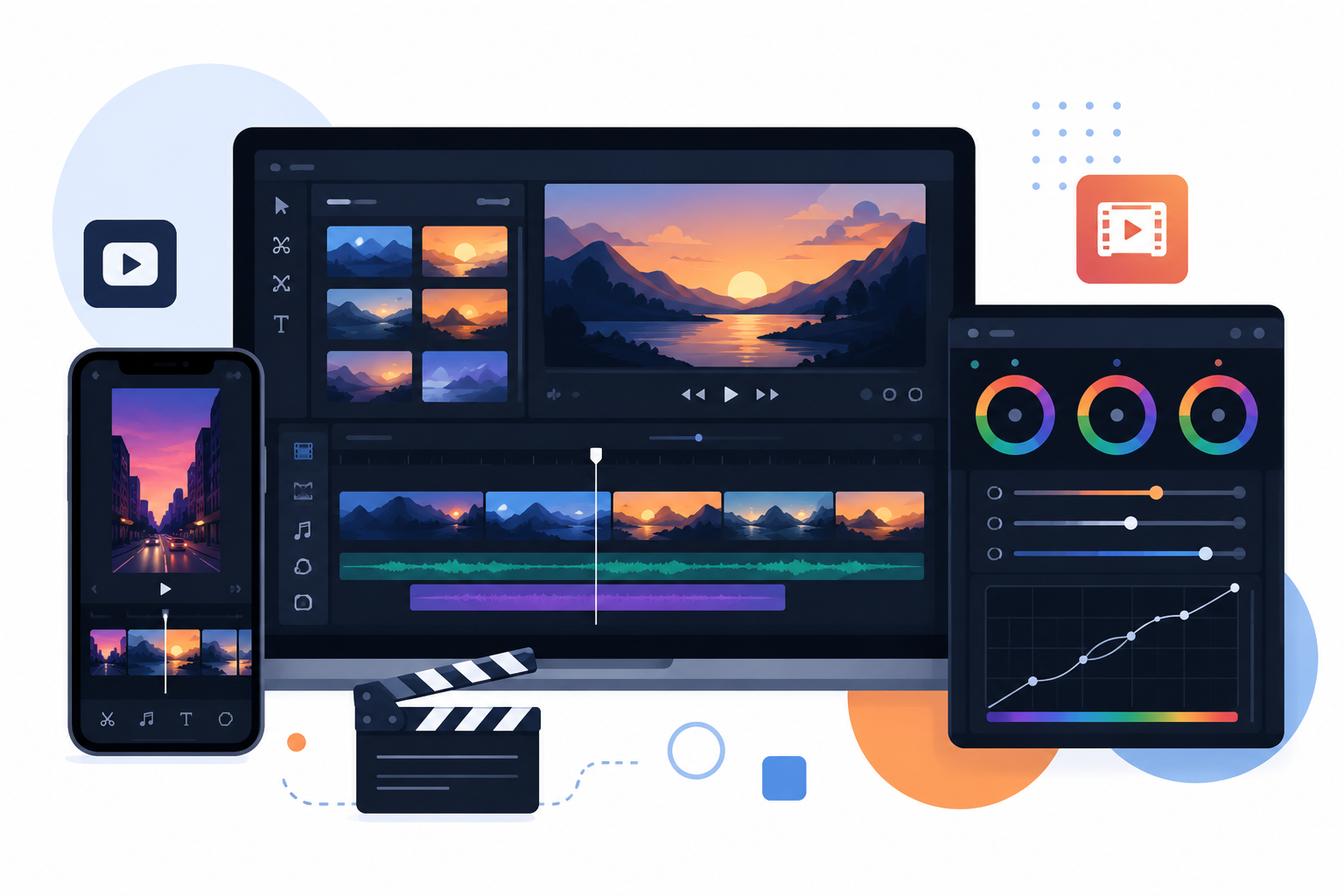 Ilustración de un espacio de edición de vídeo con línea de tiempo, editor móvil y panel de corrección de color para creadores de contenido.